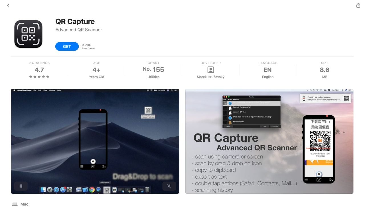 a screenshot of QR Capture, app on App Store