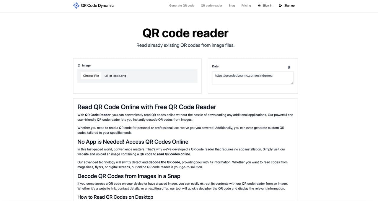 a screenshot of QR code reader by QRCodeDynamic
