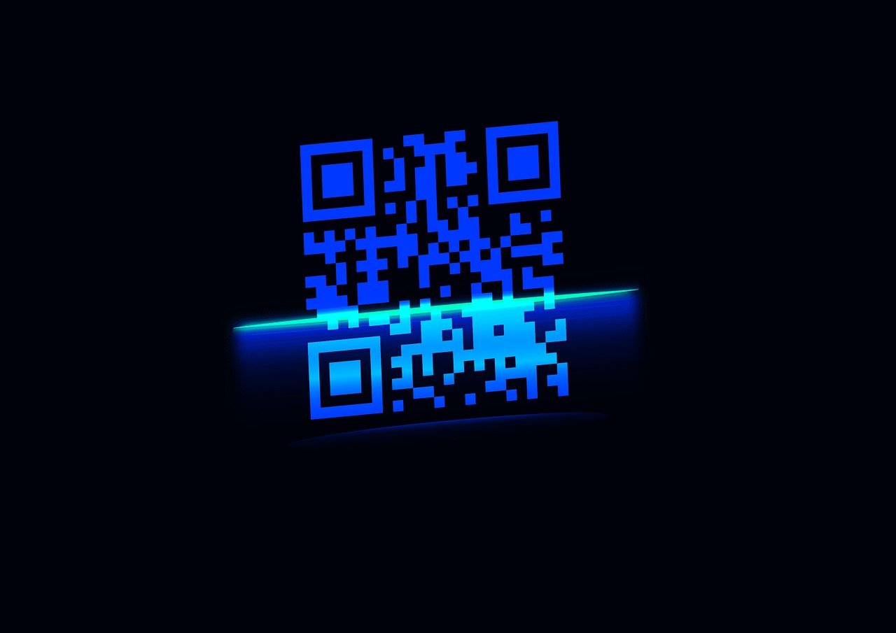 a QR code with a black background and blue details