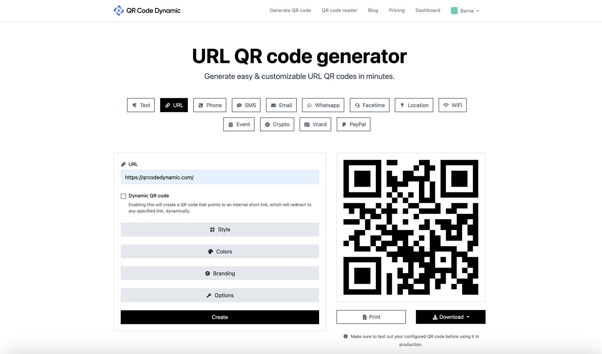 a screenshot of QRCodeDynamic's URL QR code generator page