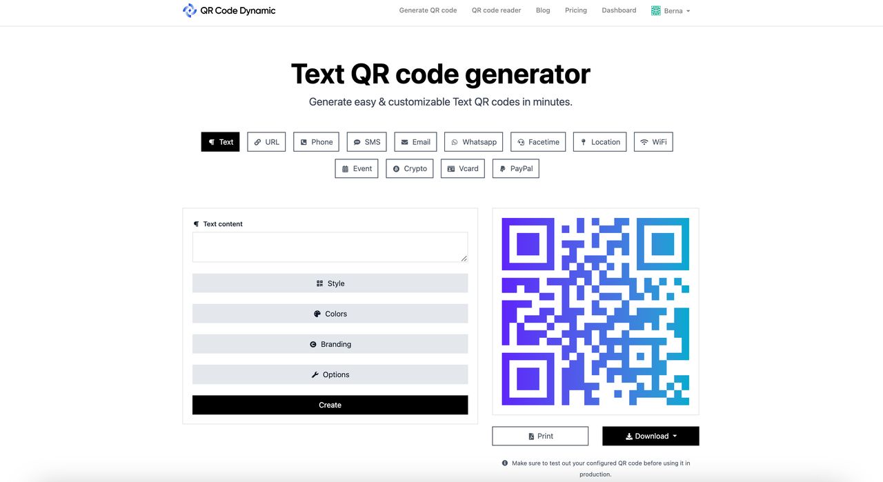 a screenshot of QR code generator page of QRCodeDynamic