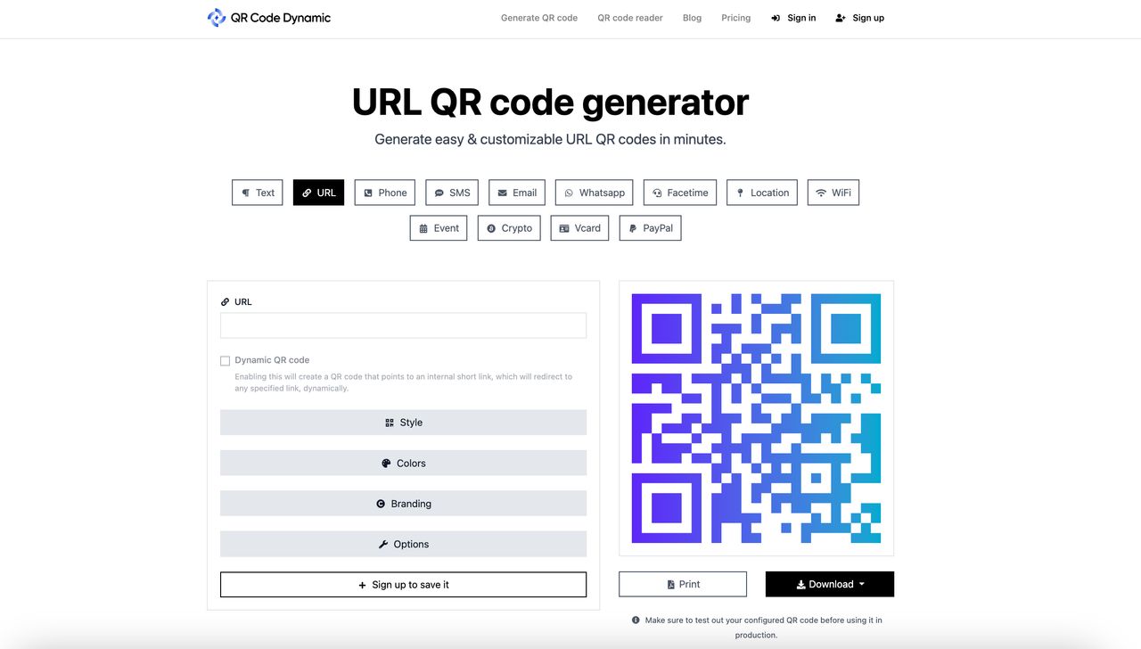 a screenshot of URL QR code generator page of QRCodeDynamic