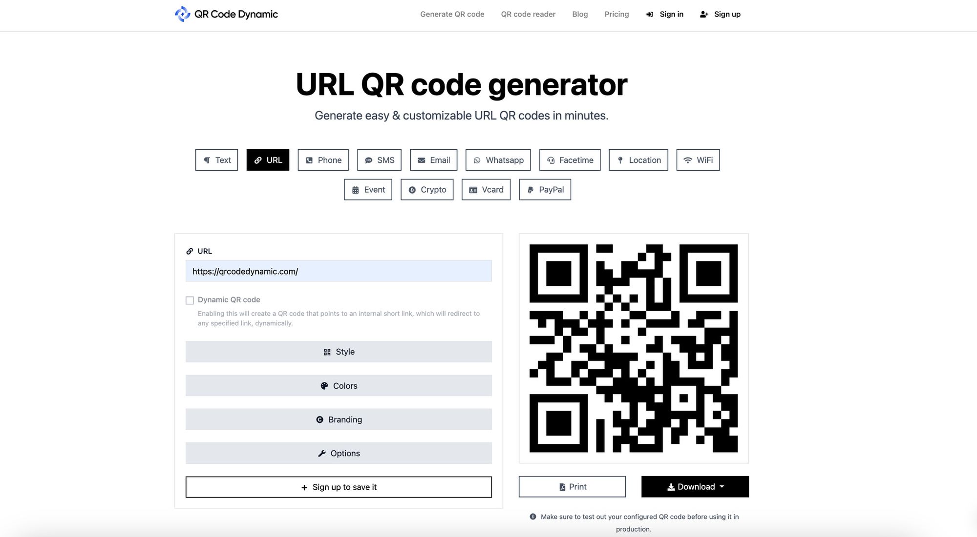 a screenshot of URL QR code generator page of QRCodeDynamic