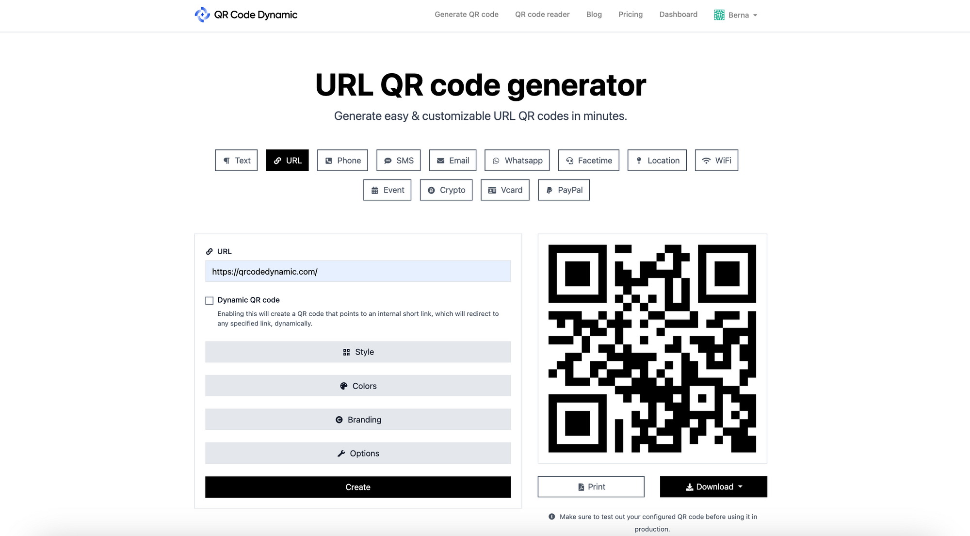 a screenshot of creating a URL QR code with QRCodeDynamic