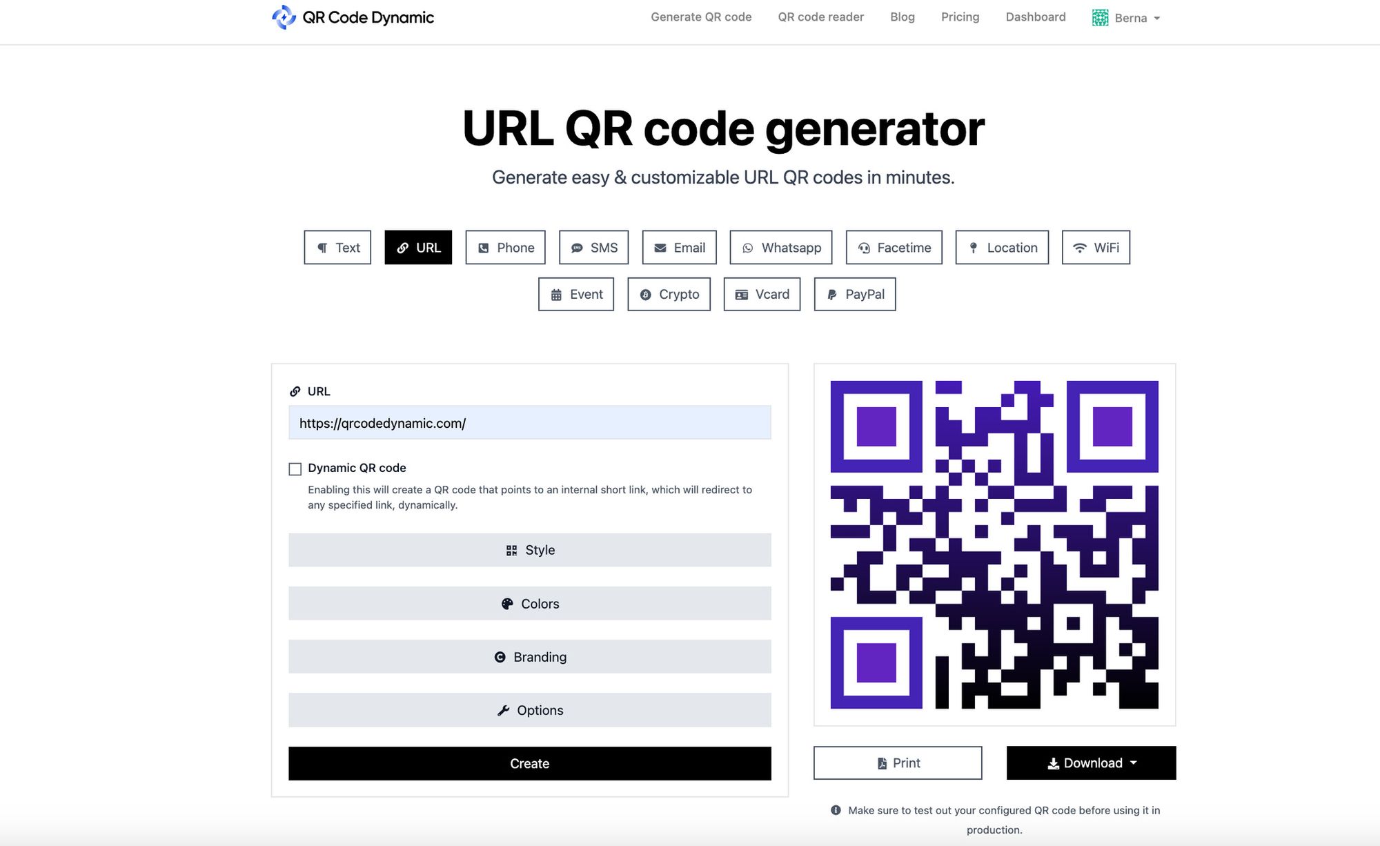 a screenshot of URL QR code generator page of QRCodeDynamic