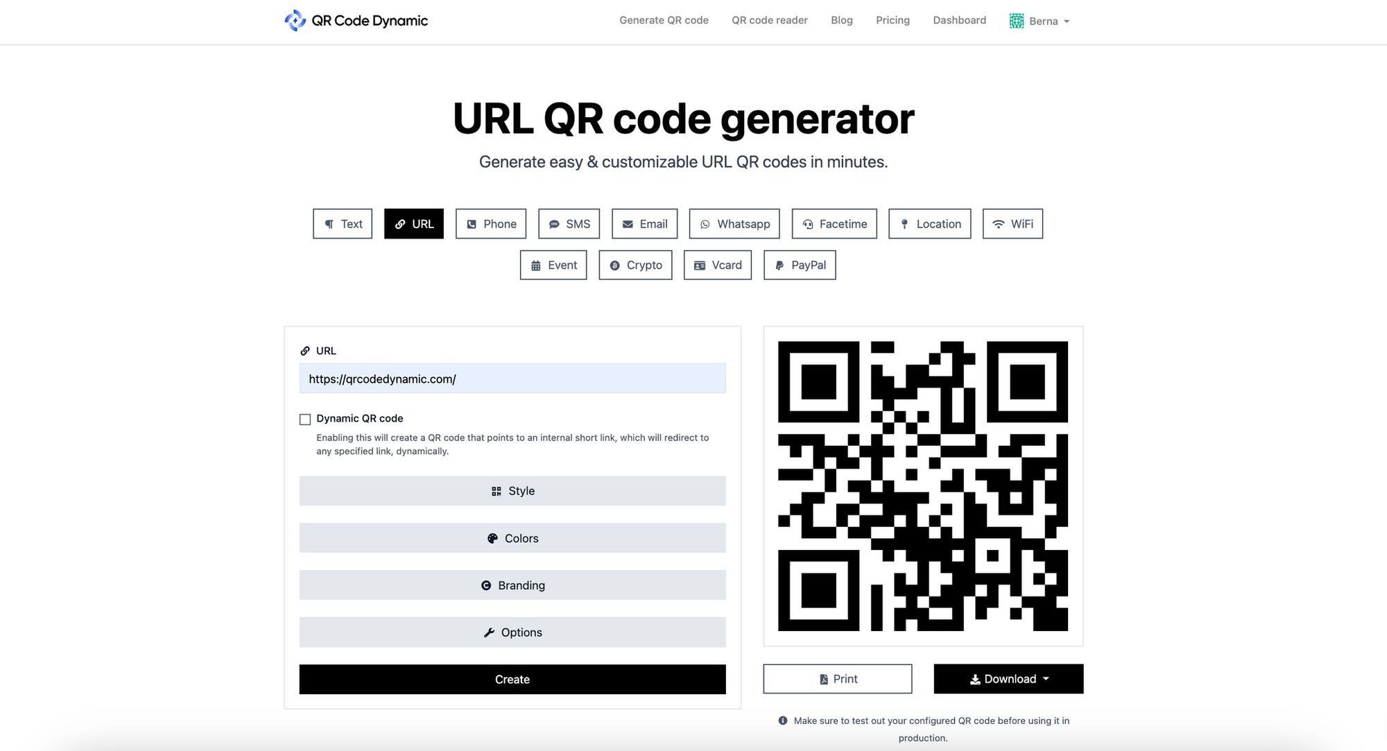 a screenshot of URL QR code generator of QRCodeDynamic