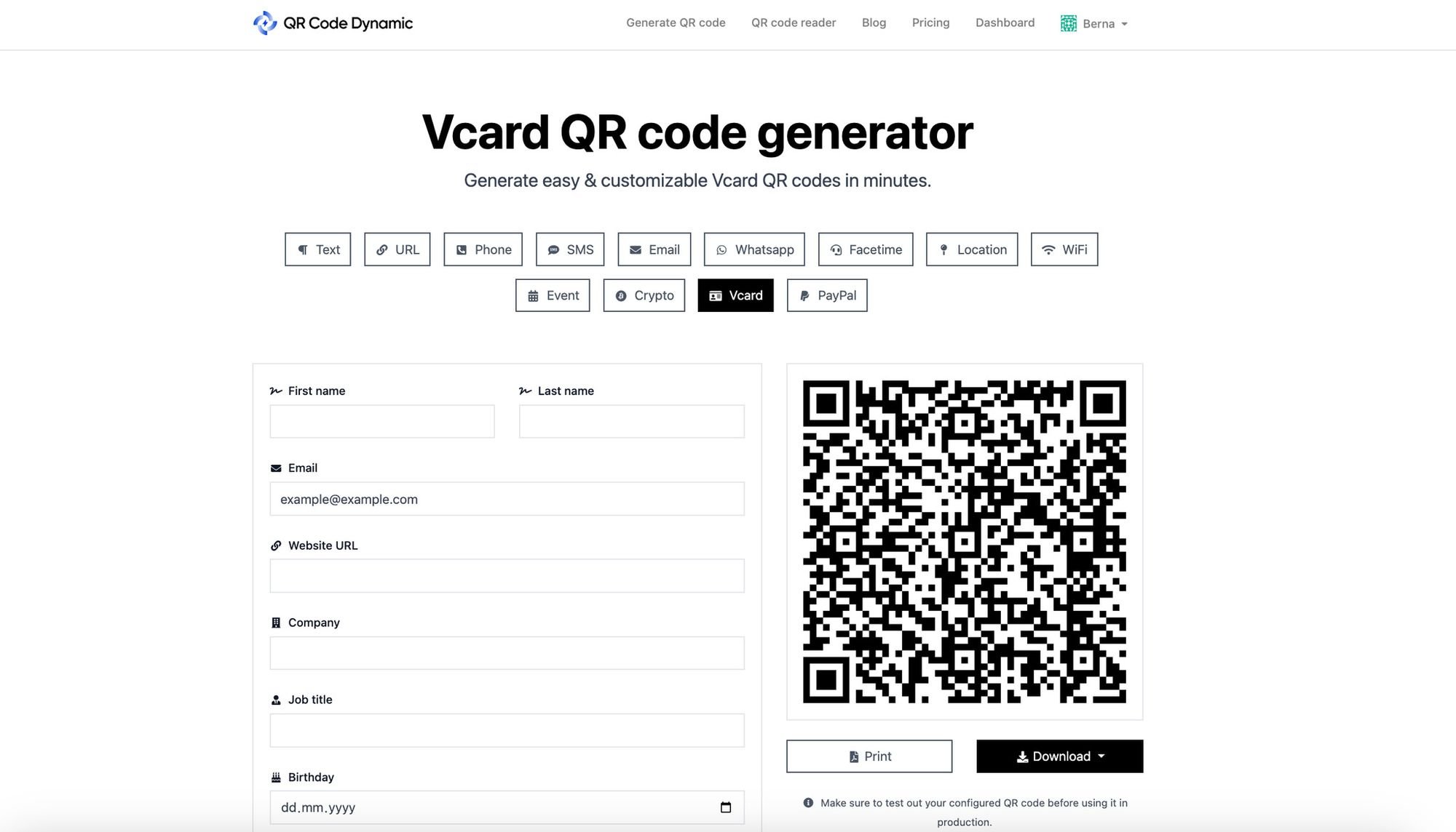 a screenshot of Vcard QR code generator of QRCodeDynamic