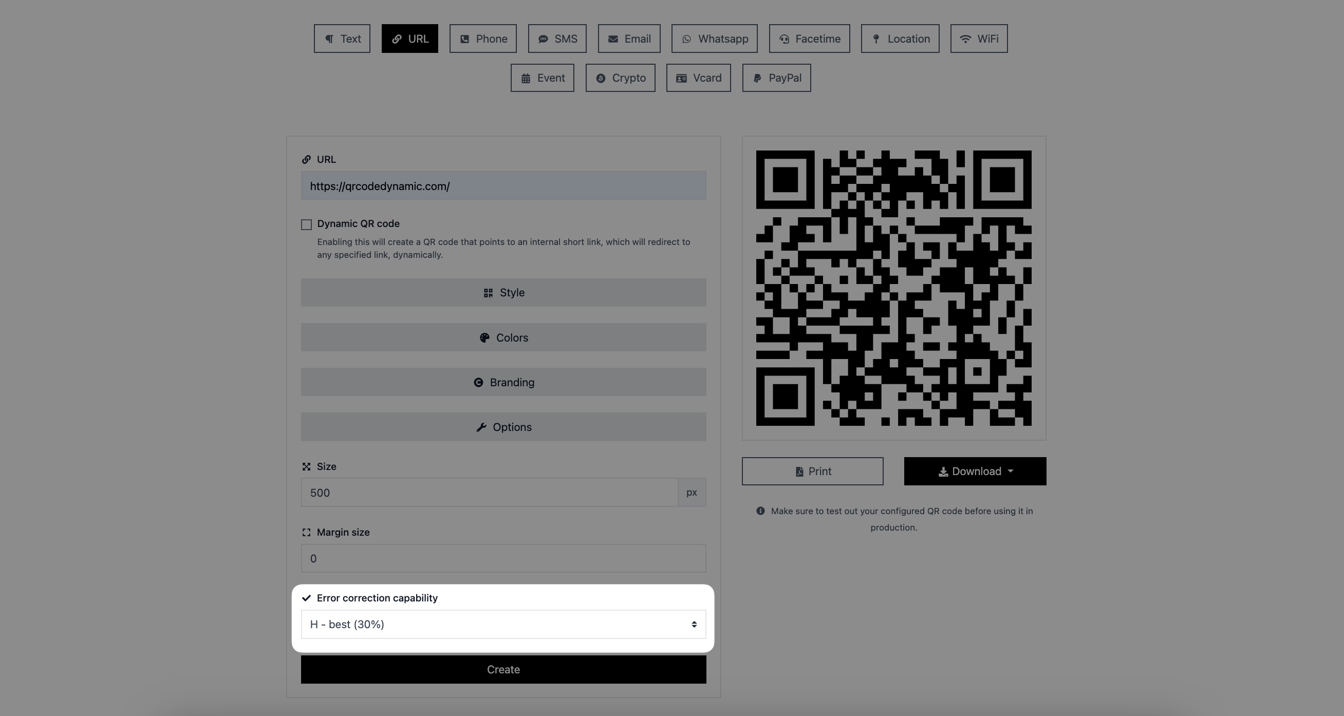 a screenshot of error correction capability part on QRCodeDynamic