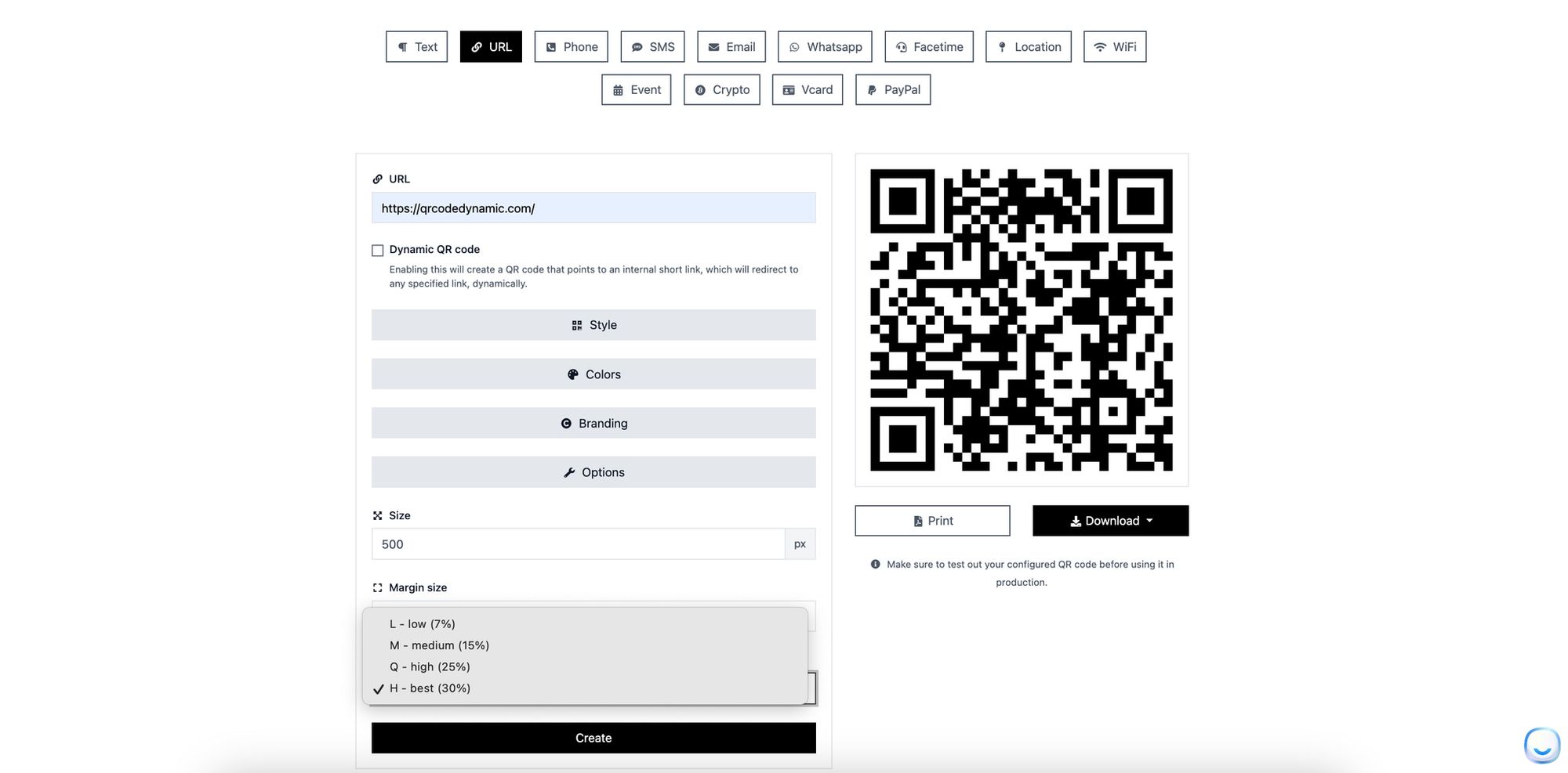 a screenshot of QR code error correction levels of QRCodeDynamic