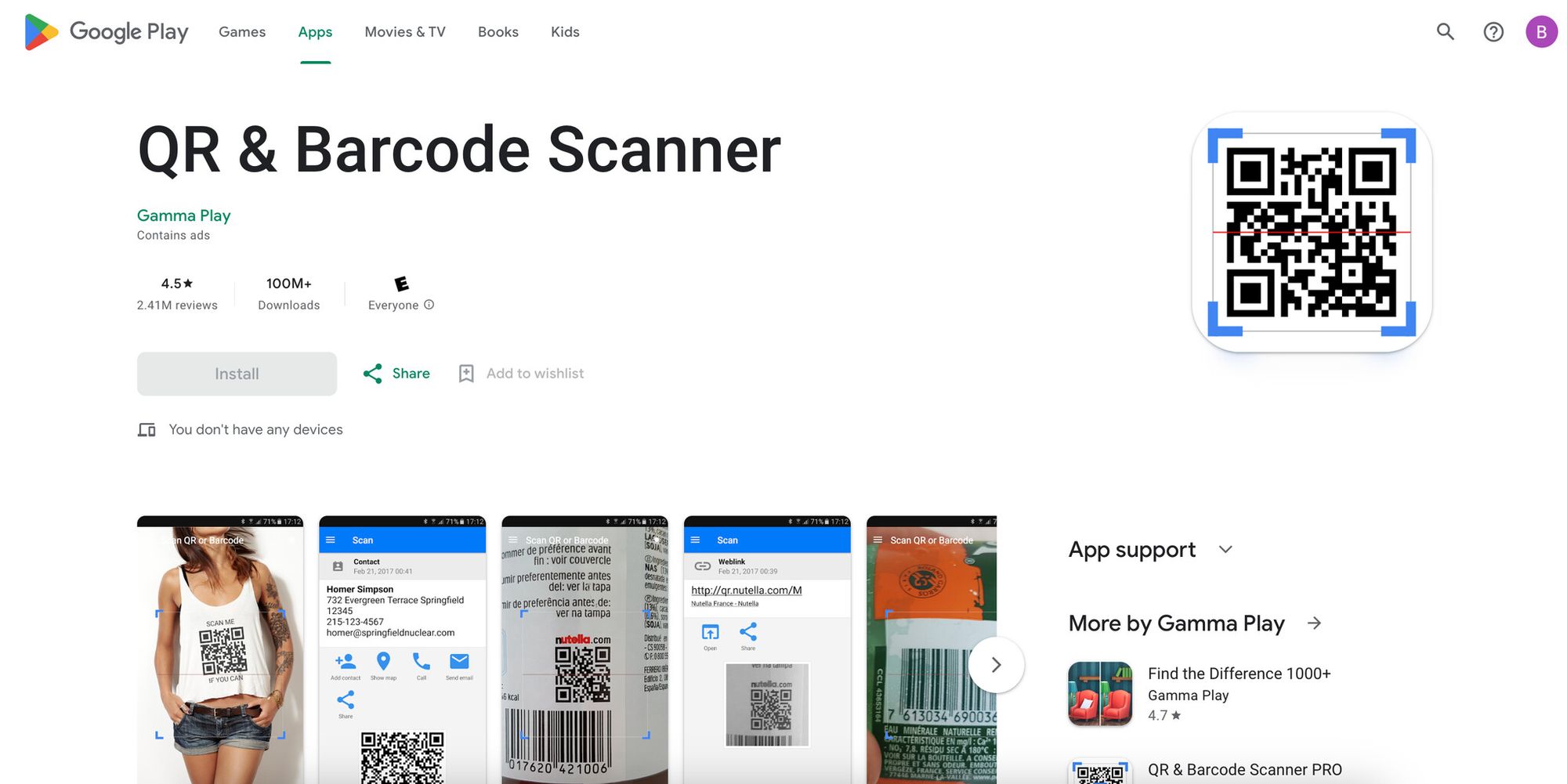 a screenshot of Google Play app page of QR & Barcode Scanner by Gamma Play