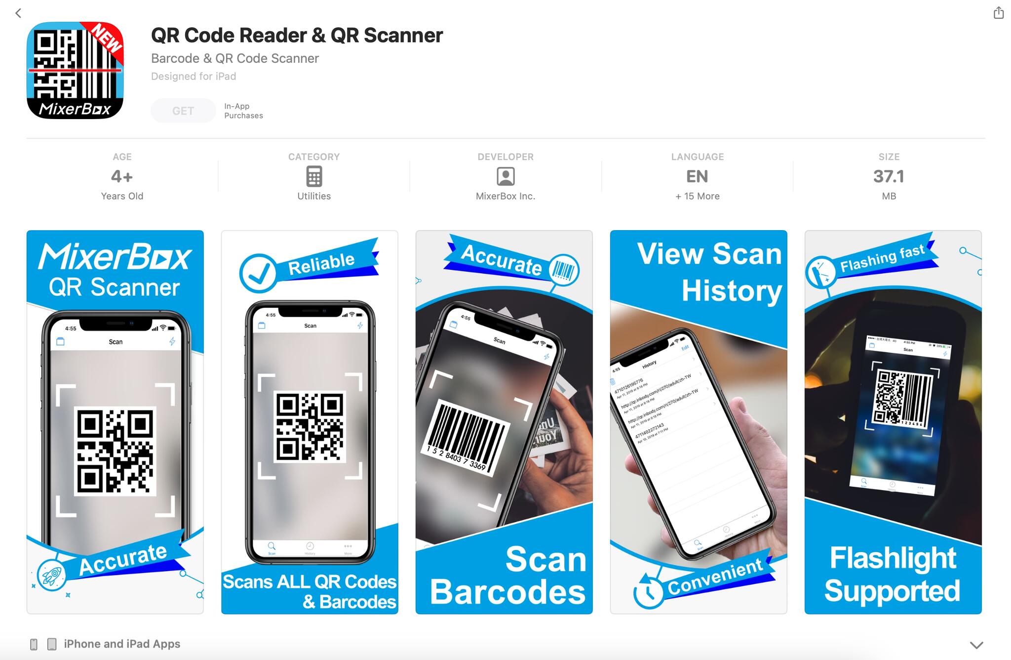 a screenshot of AppStore page of MixerBox QR Code Reader & Scanner
