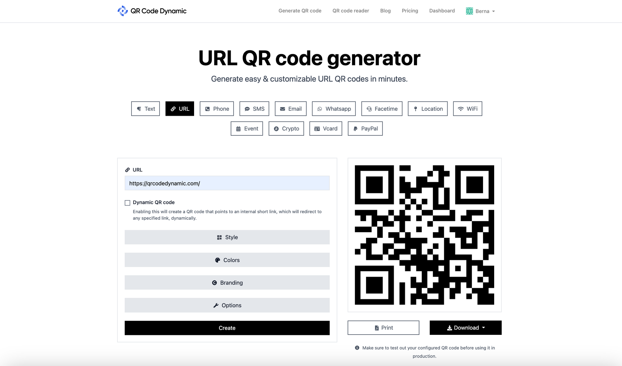 a screenshot displaying URL QR code generator page of QRCodeDynamic