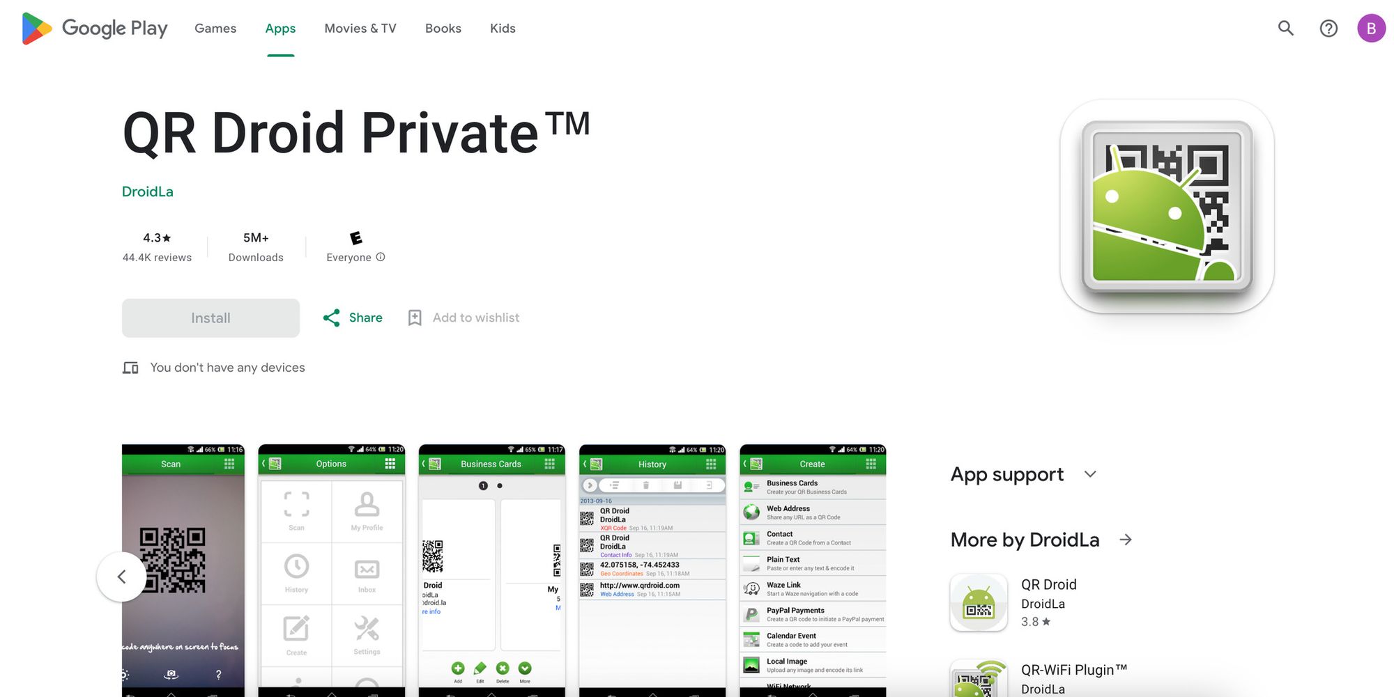 a screenshot of Google Play app page of QR Droid Private