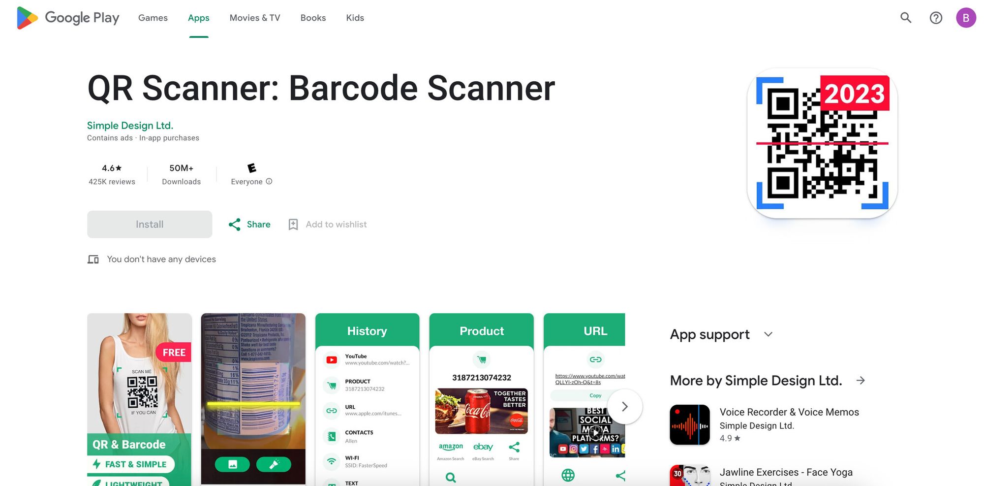 a screenshot of Google Play app page of QR Scanner: Barcode Scanner by Simple Design
