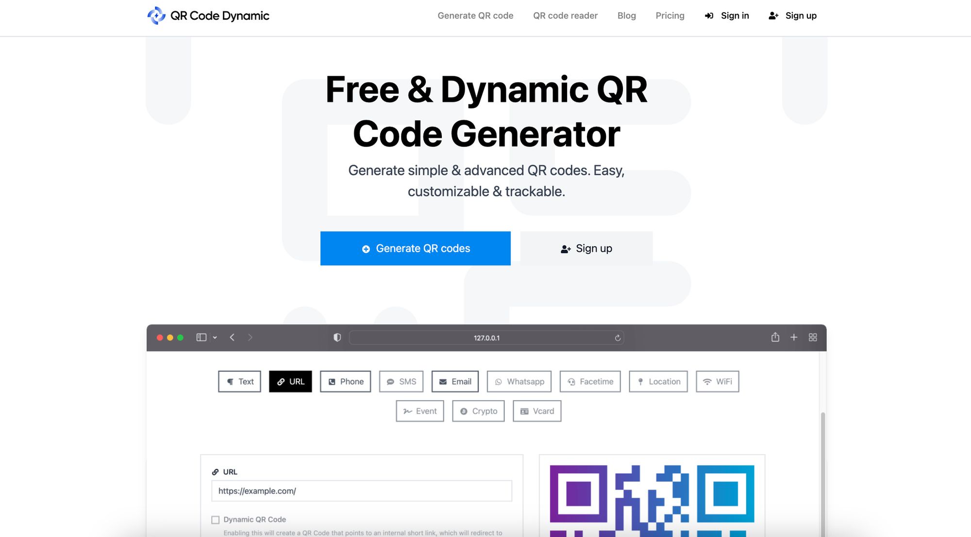 a screenshot of the homepage of QRCodeDynamic