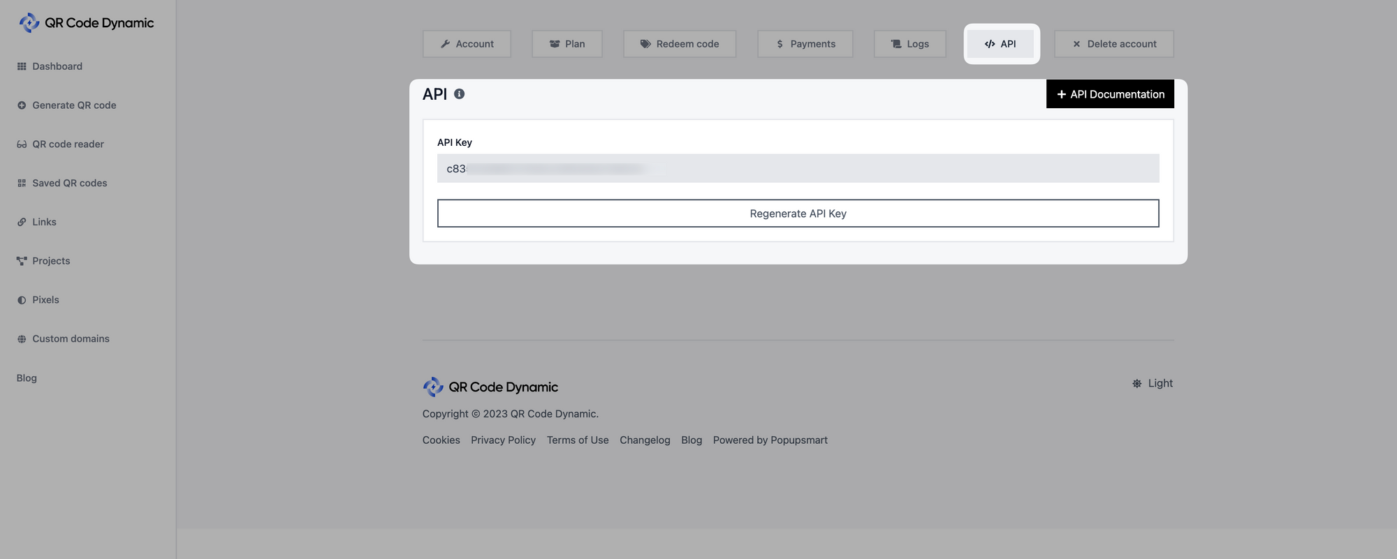 a screenshot of getting API key from account API page on QRCodeDynamic
