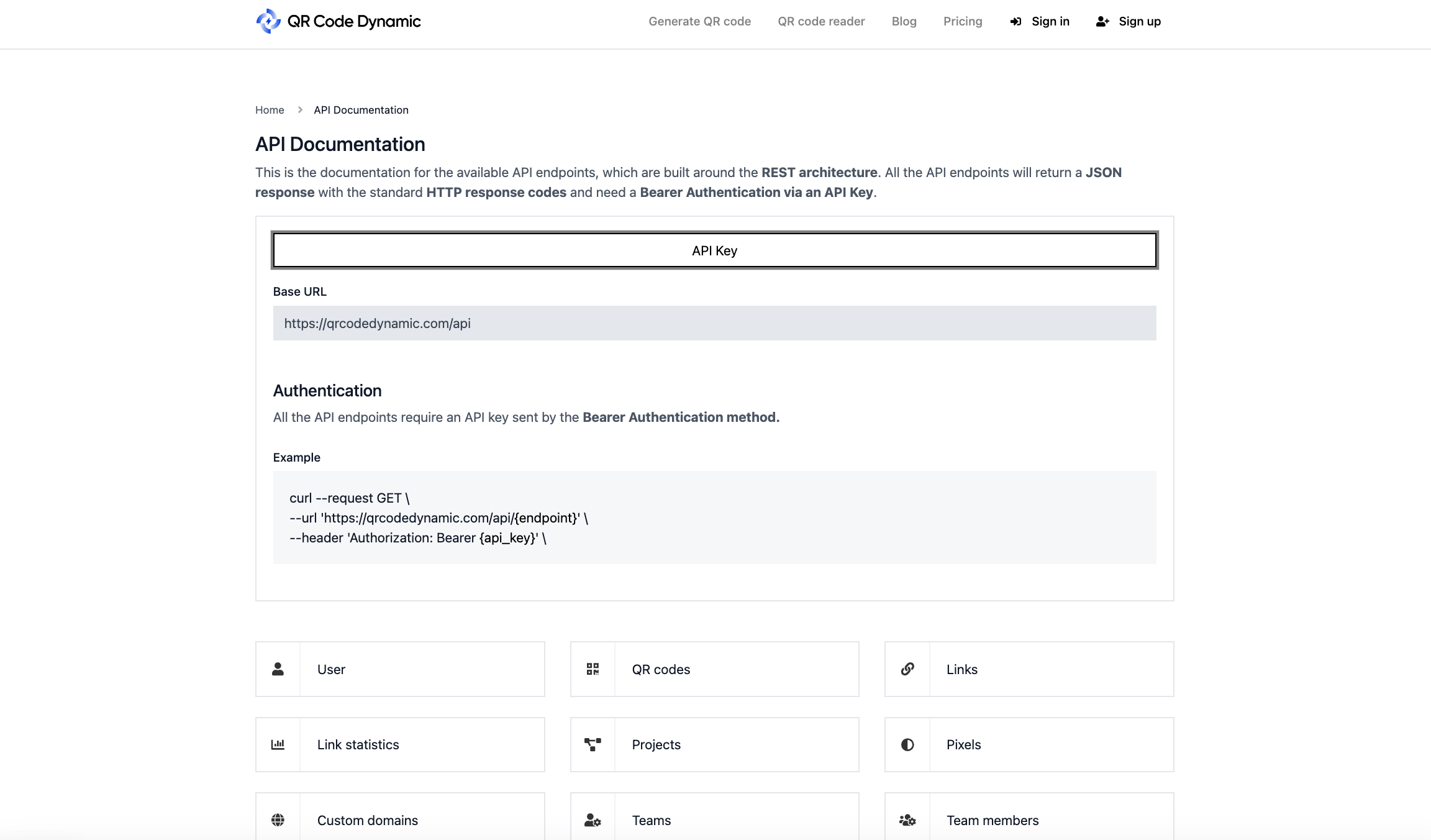 a screenshot of QRCodeDynamic API Documentation page