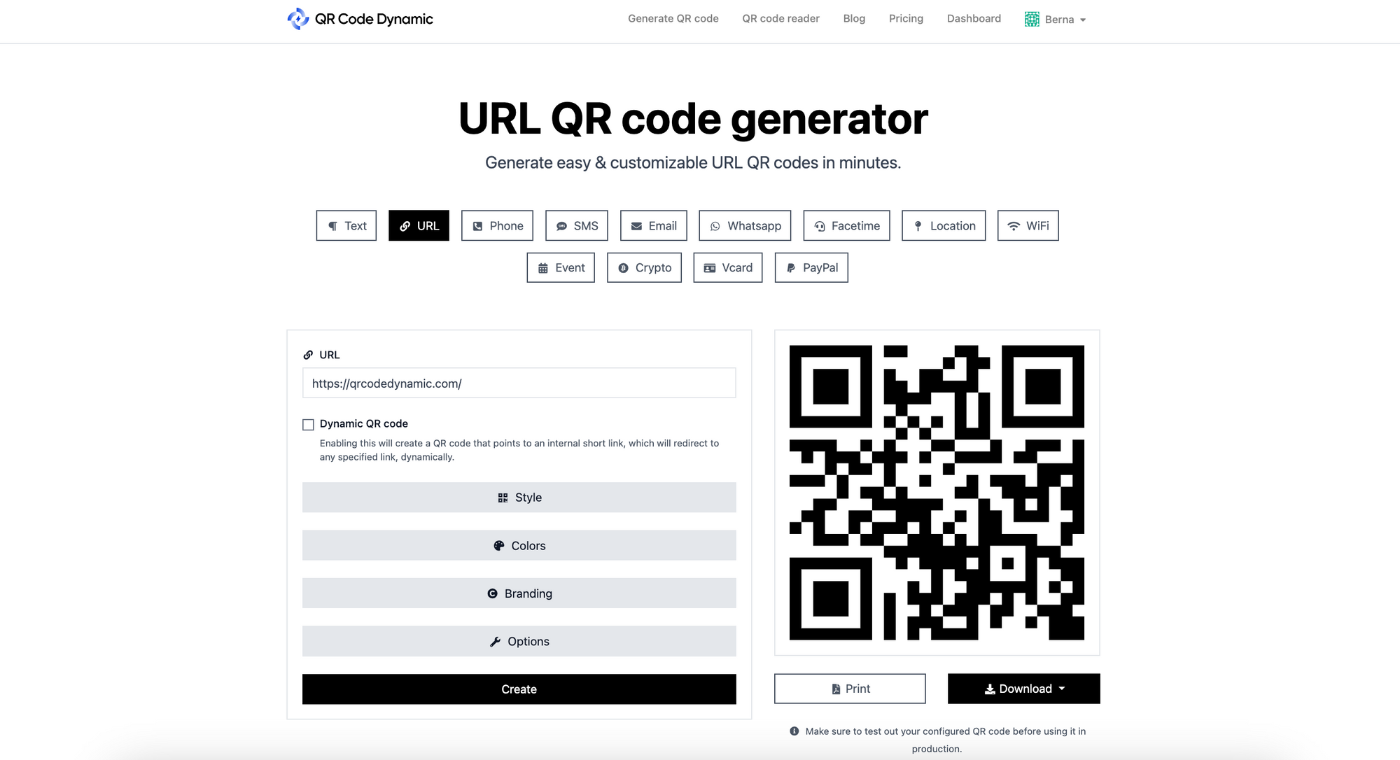 a screenshot of URL QR code generator page of QRCodeDynamic