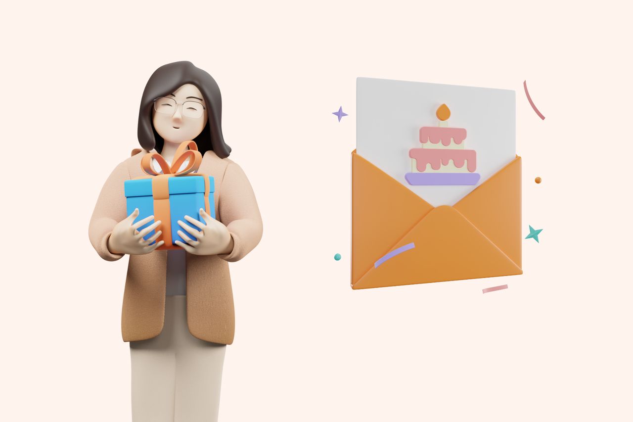 a woman with a gift and a birthday invitation card next to her