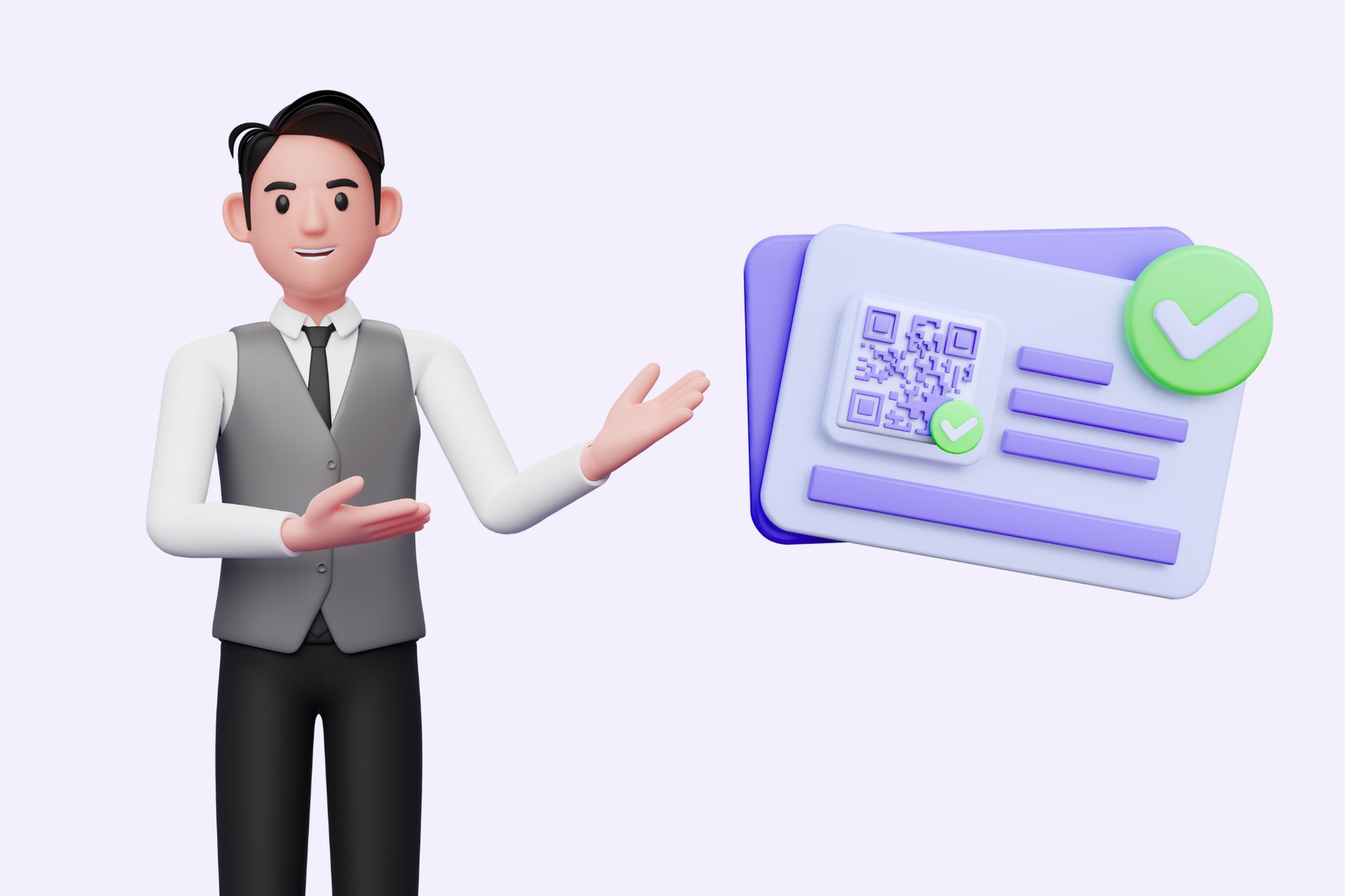 an illustration of a man next to a folded card with a QR code