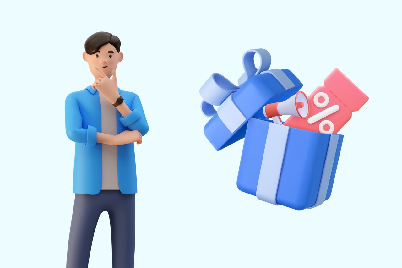 an illustration of a man thinking next to gift box