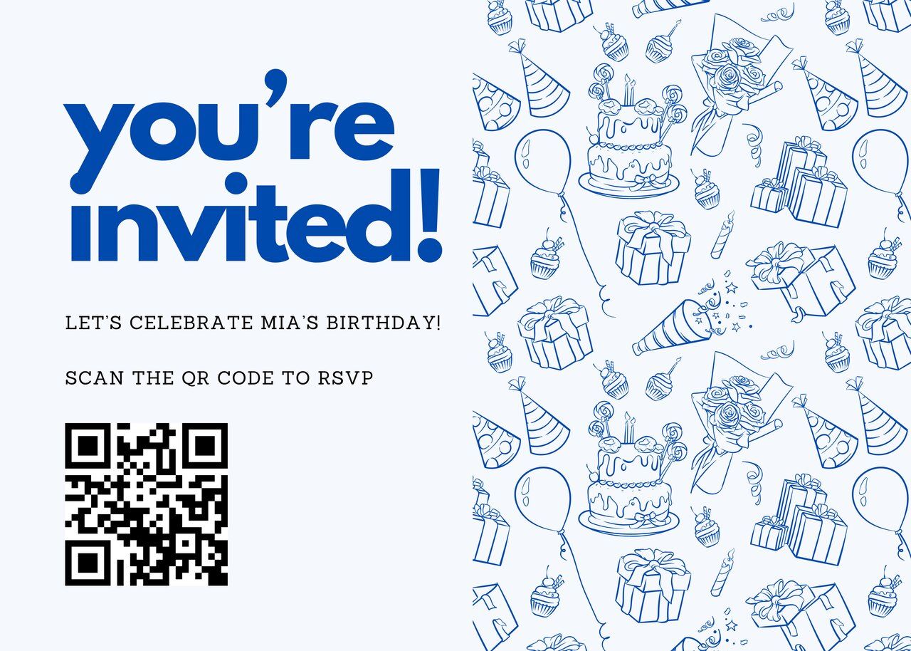 Blue birthday invitation template with a QR code