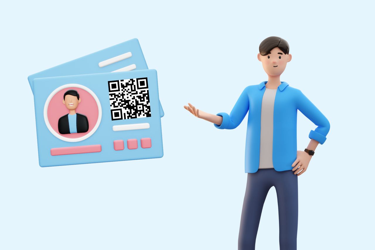 an illustration of a business card with a QR code and a man next to it