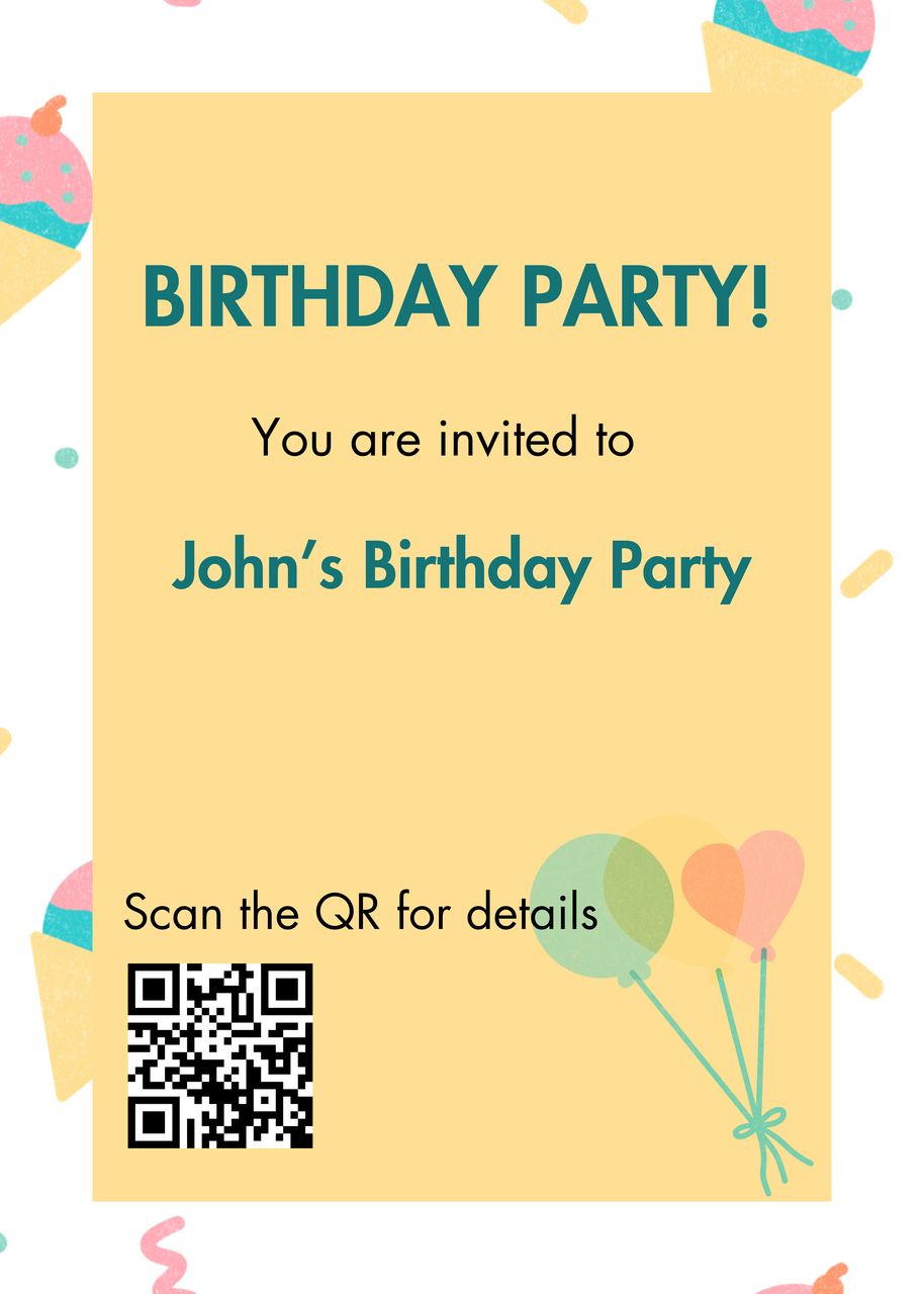 Colorful birthday party invitation template with a QR code