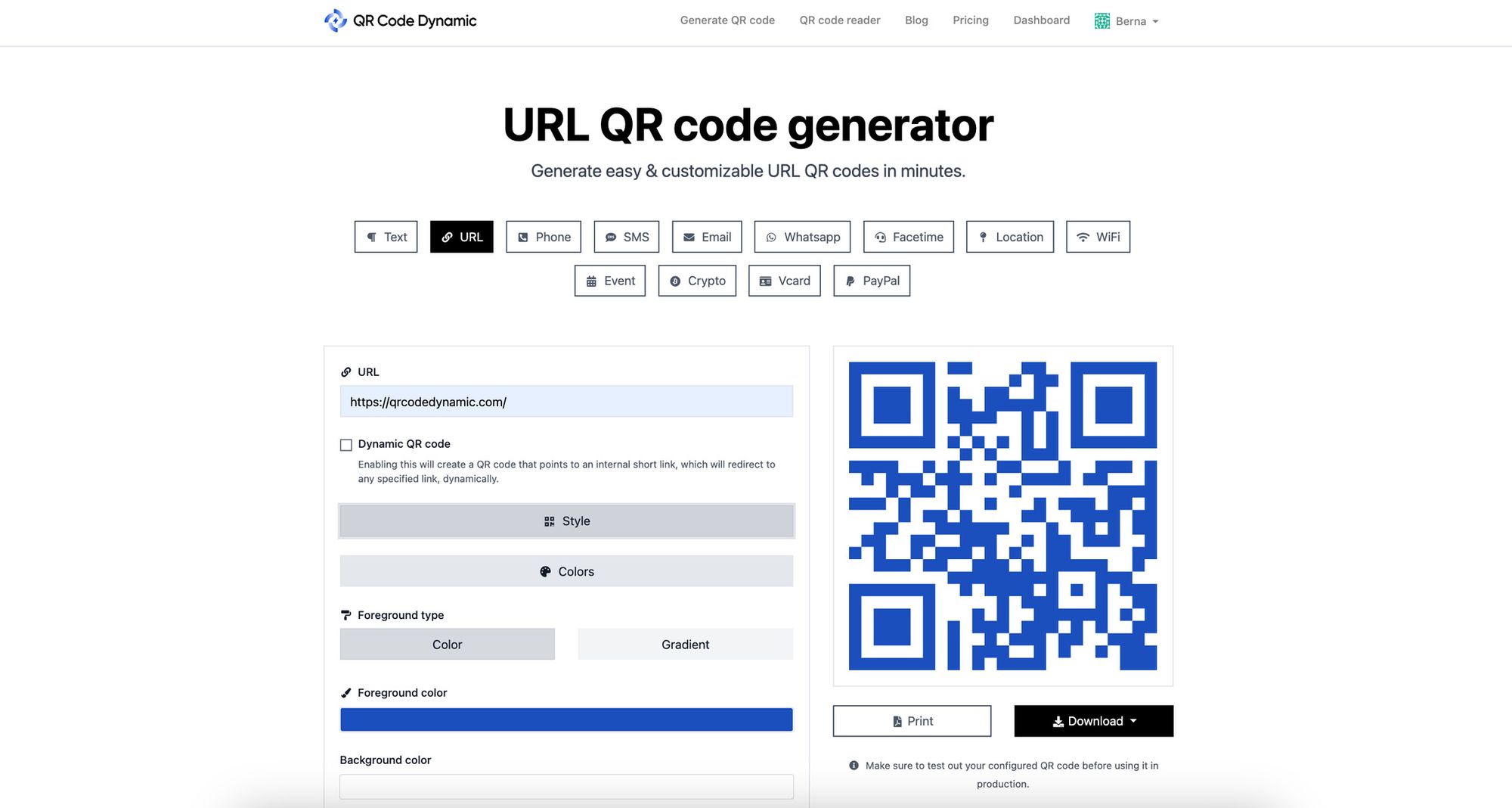 a screenshot of customizing a URL QR code on QRCodeDynamic