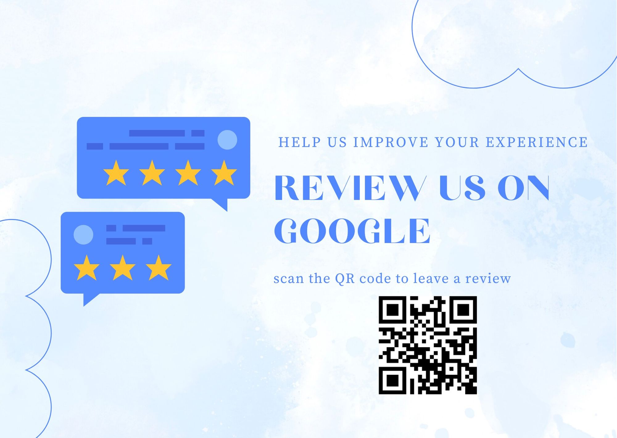 Google Reviews template with a QR code and a blue background