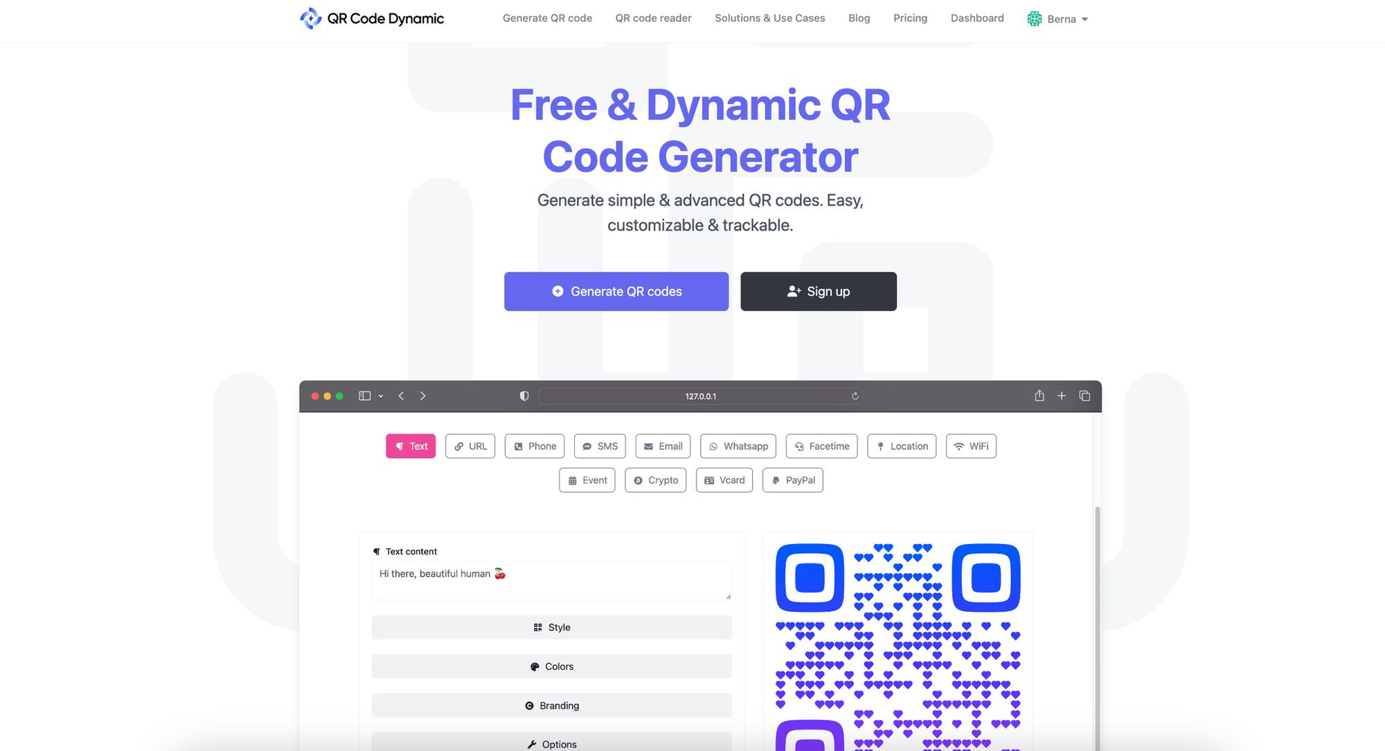 a screenshot of homepage of QRCodeDynamic