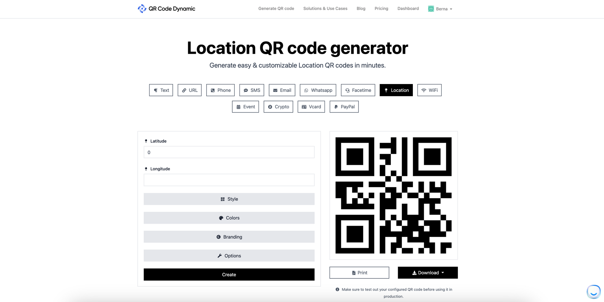location QR code generator page of QRCodeDynamic