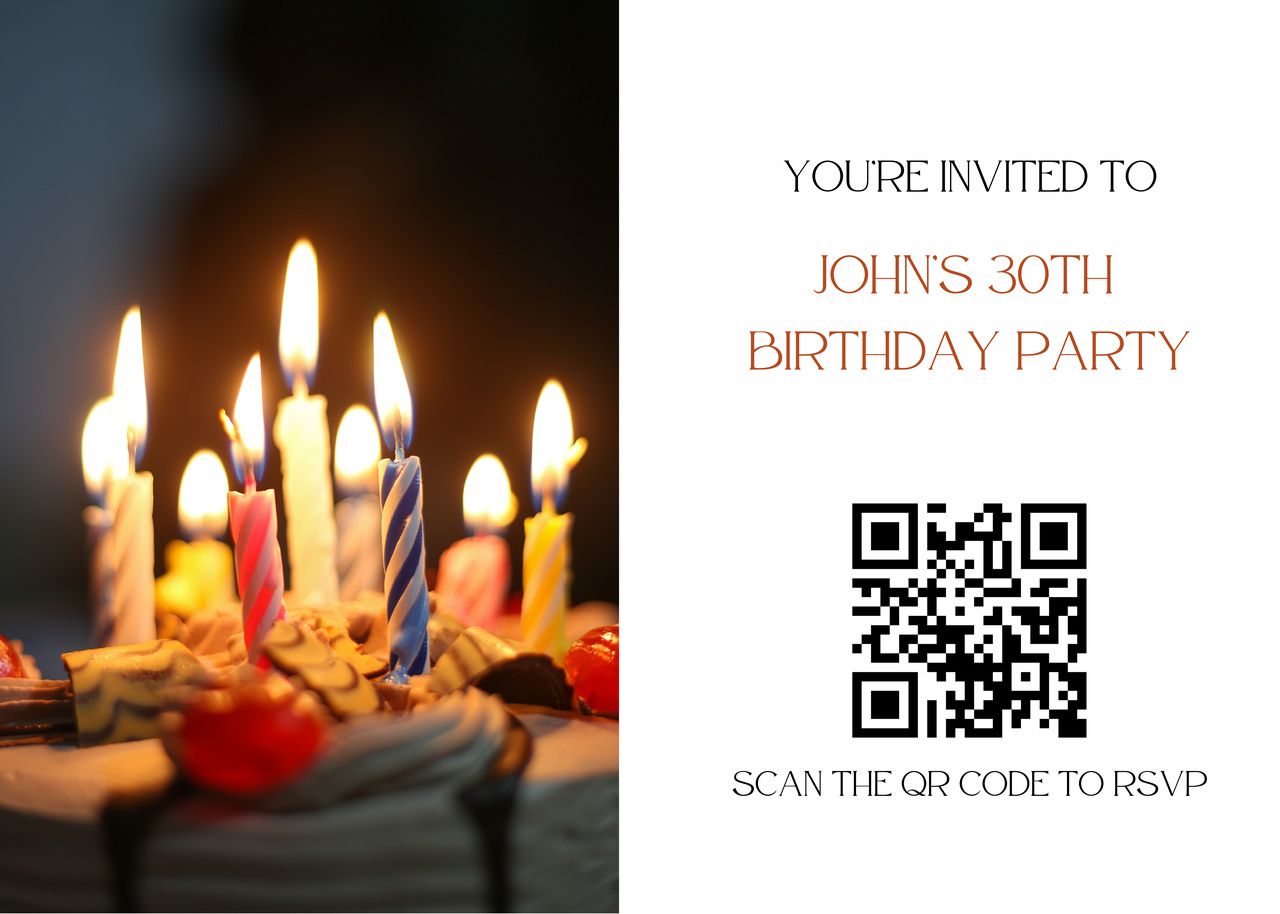 Minimal birthday invitation template with candles and a QR code