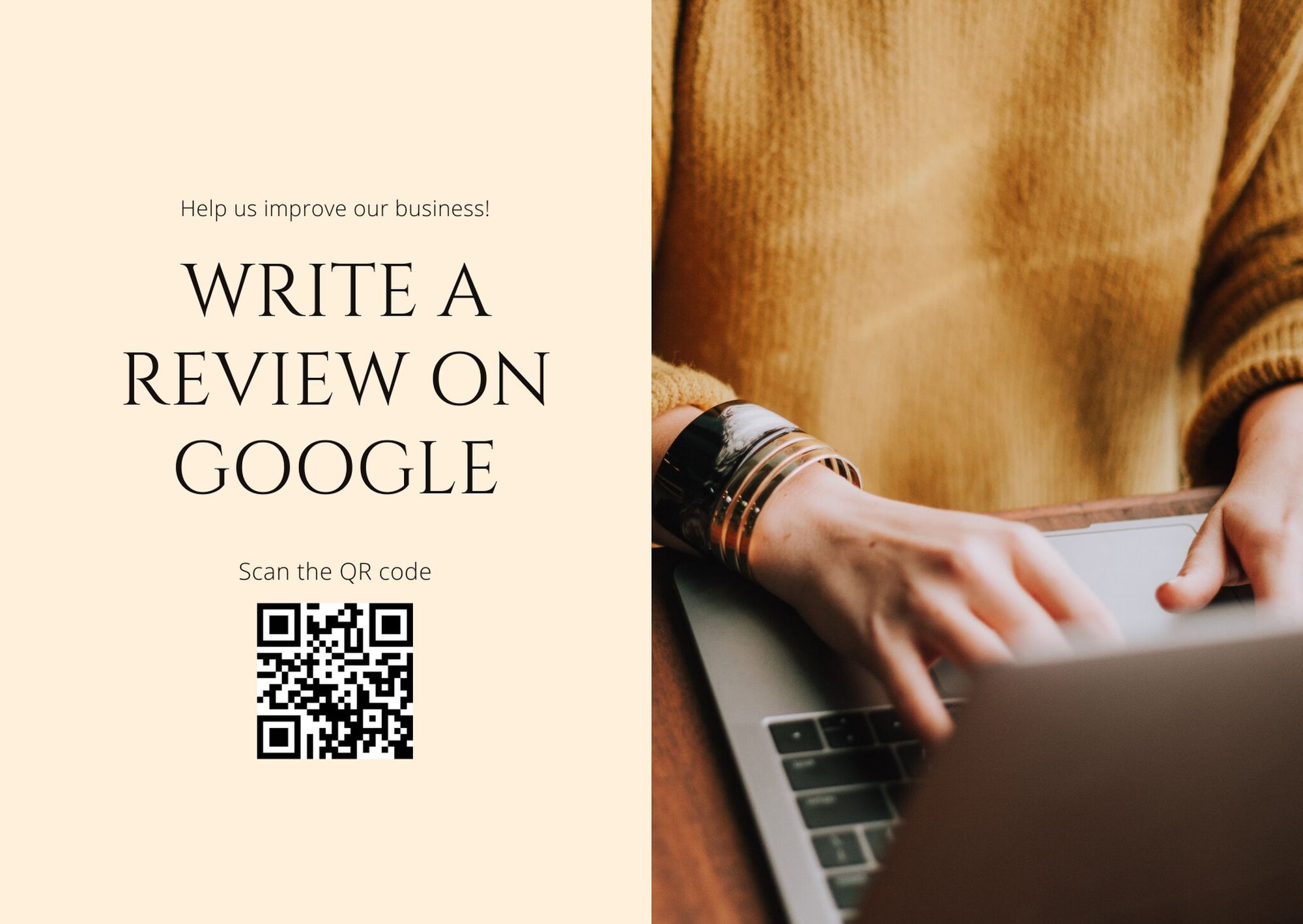 Minimal Google Review template with a QR code that says "Write a review on Google"