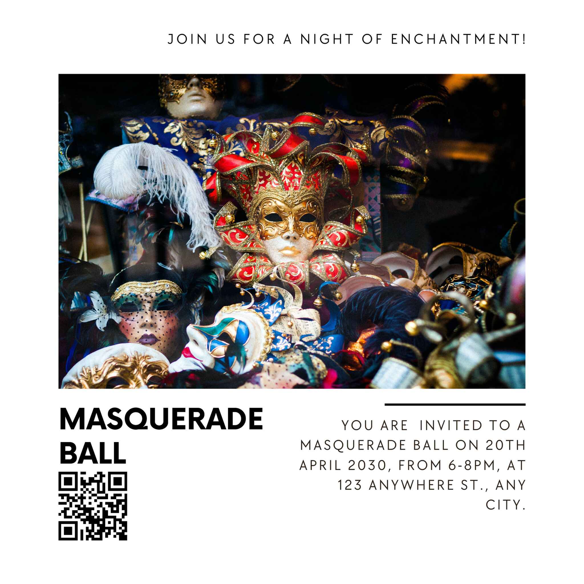 party invitation template for a masquerade ball with a QR code