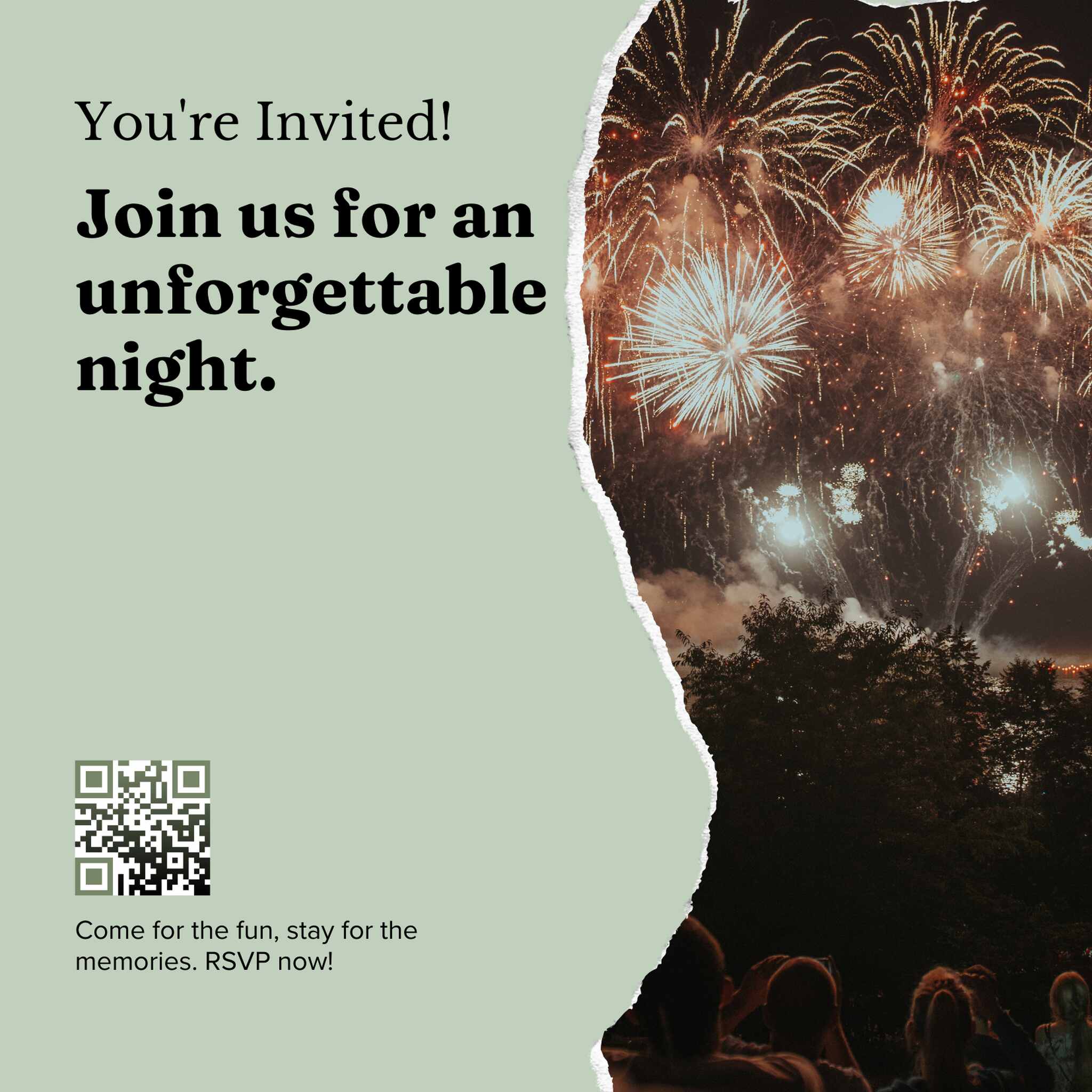 party invitation template with fireworks and a QR code