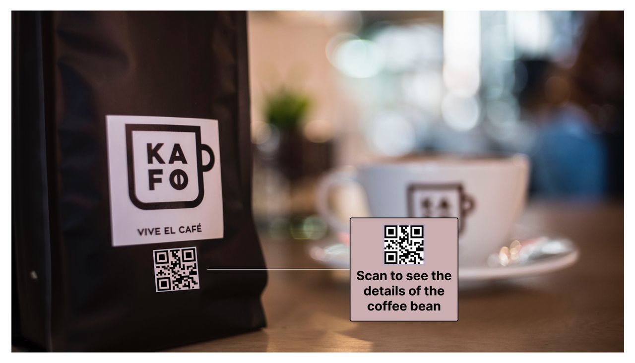 A QR code at a cafe and a mug in the background