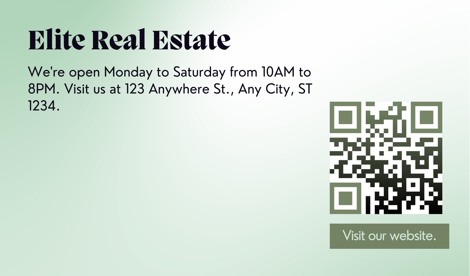 Real estate agency business card template with a green QR code and a green background