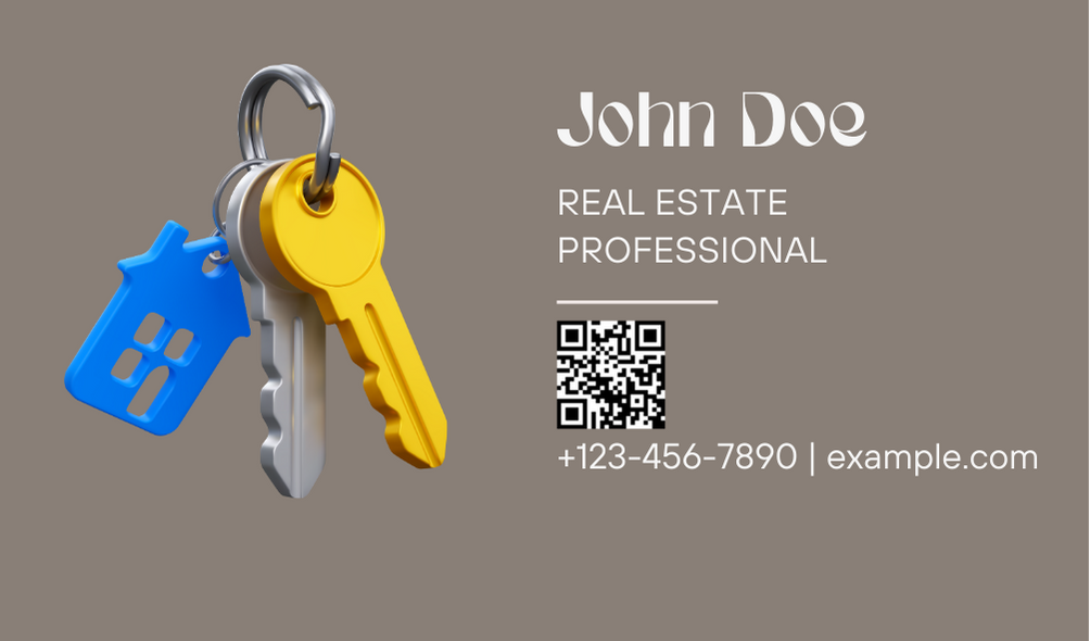 real estate business card template with a key illustration and a QR code