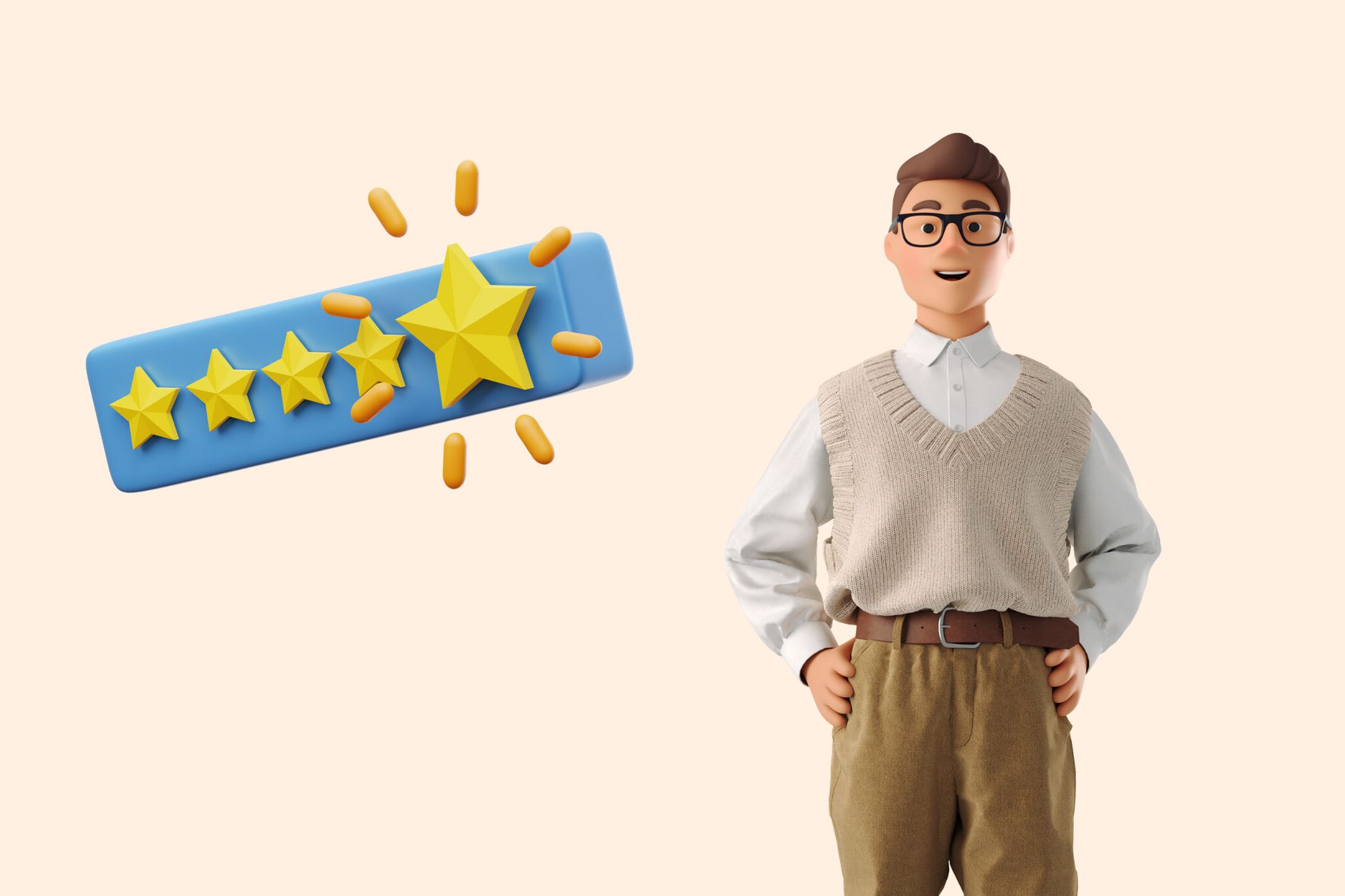 an illustration of 5 stars for review and a man standing