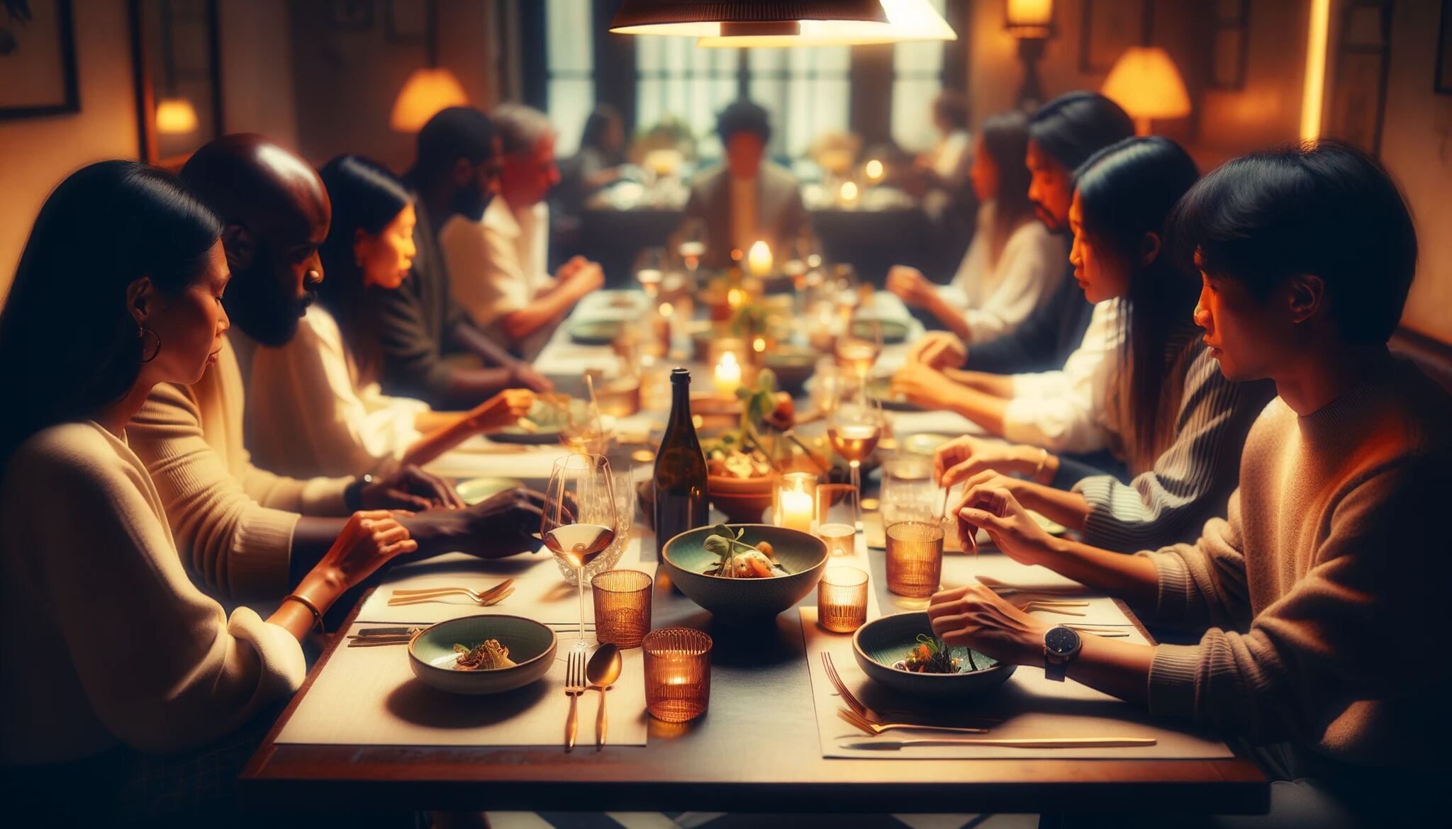 A close-up view of a table in a cozy restaurant, featuring a small group of customers eating their food