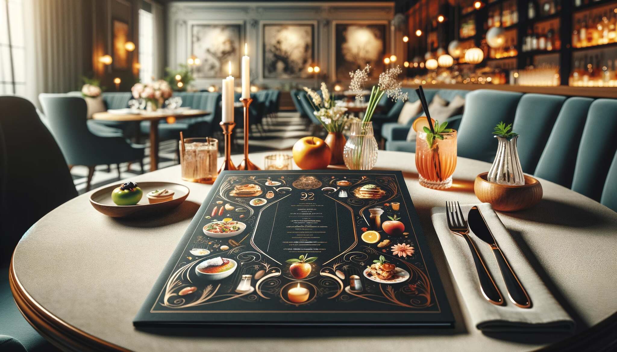 a stylish restaurant menu on a table, with elegant design elements, and drinks