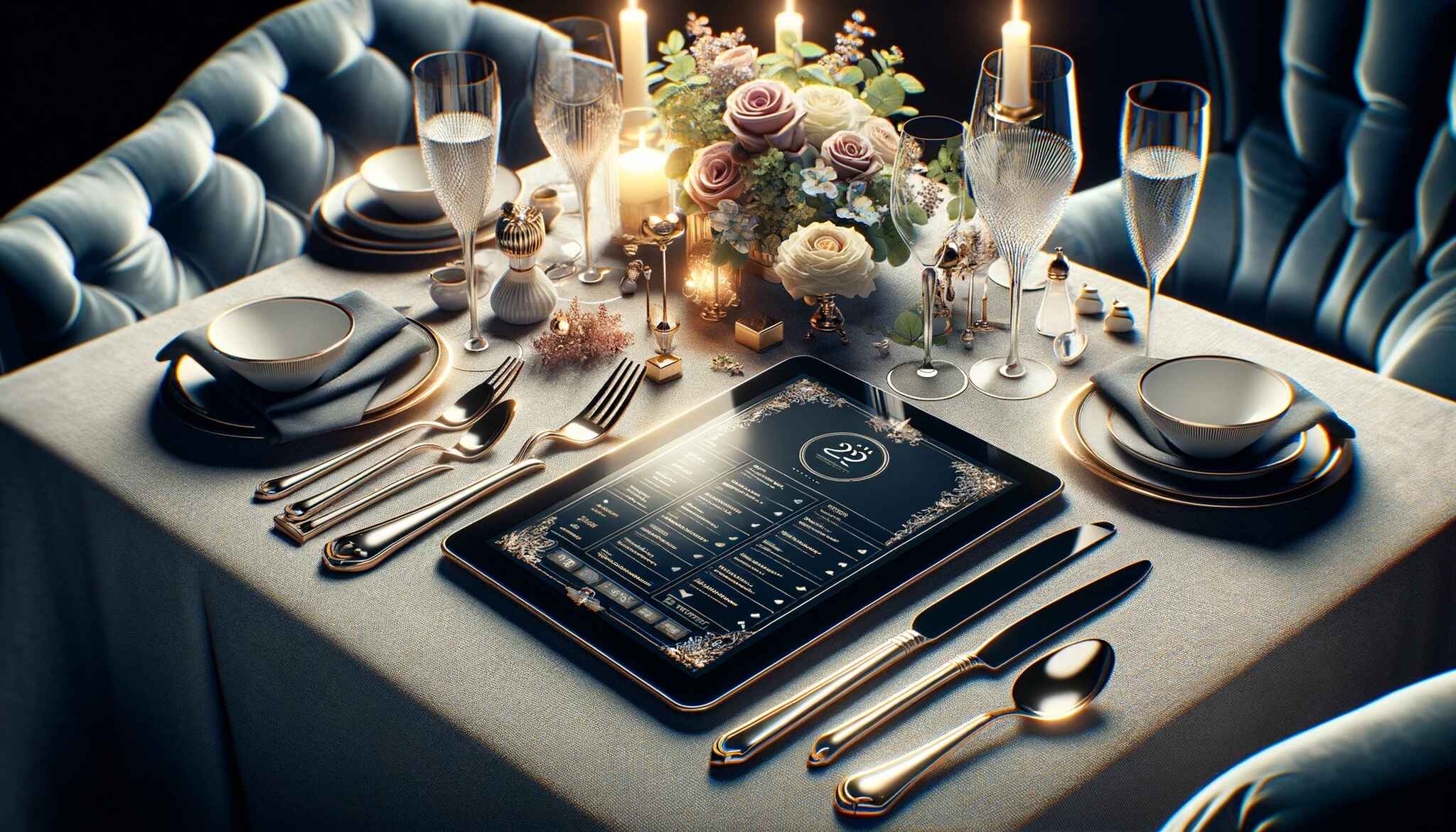 An elegant restaurant table setting featuring a digital tablet as a menu, surrounded by fine dining elements like stylish cutlery, elegant glassware