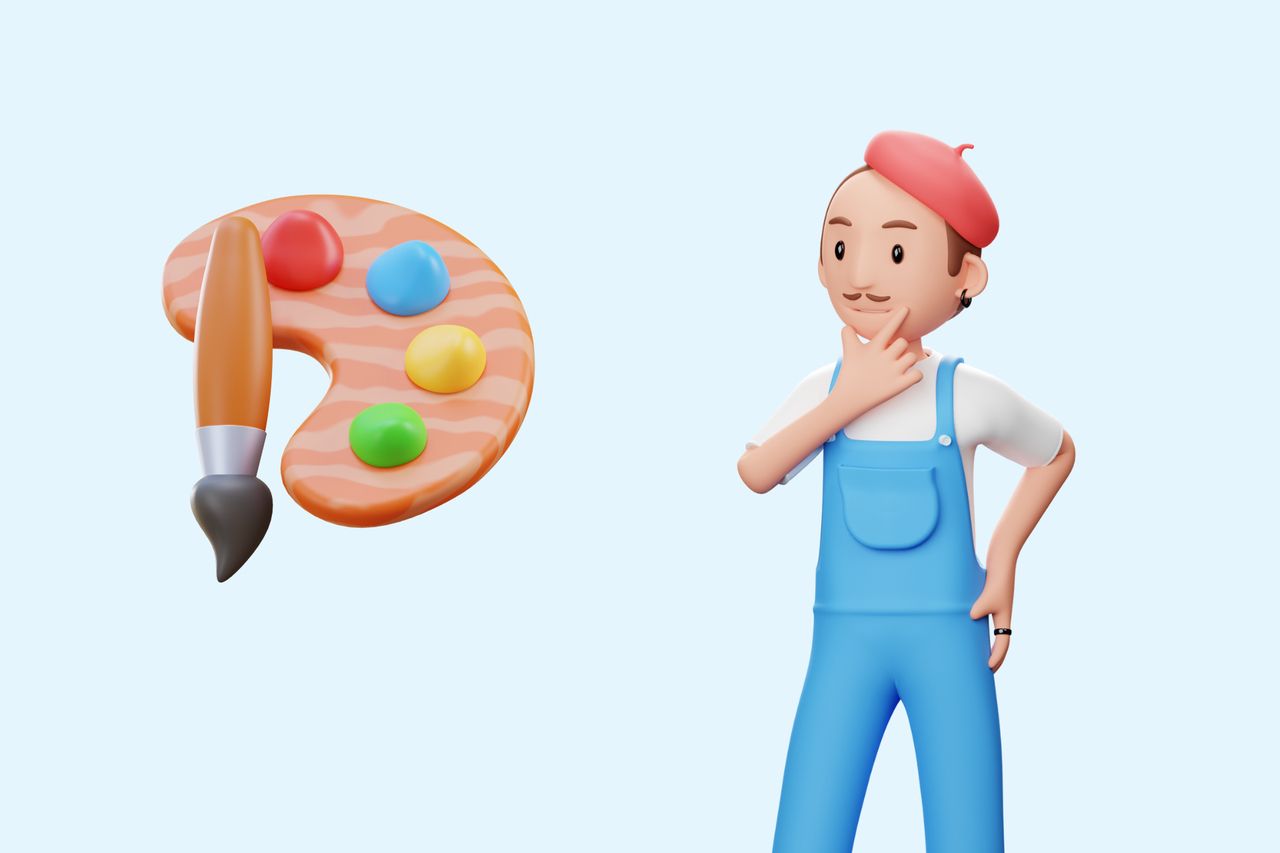 an illustration of a painter with an artist palette next to him