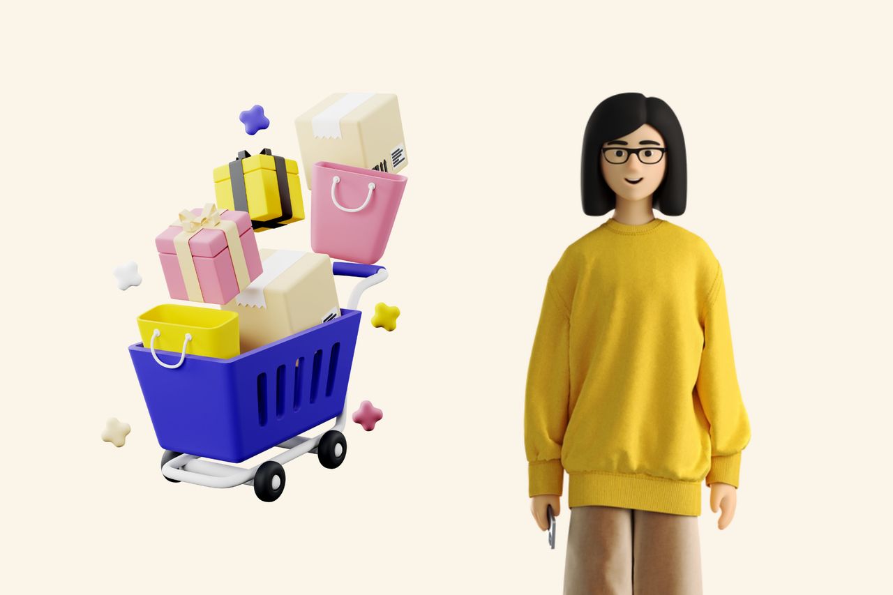 an illustration of packages in shopping cart and a woman smiling