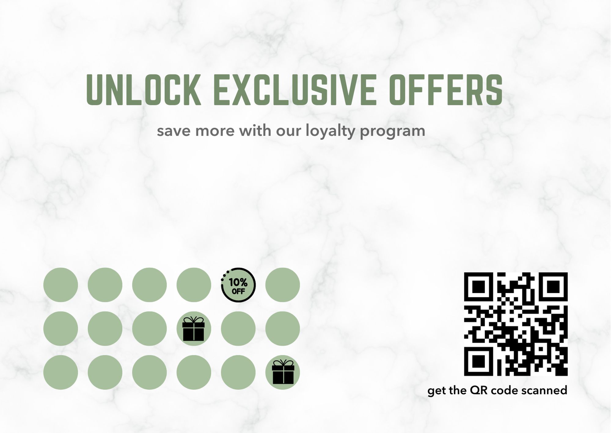 loyalty program card template with a QR code and a marble background