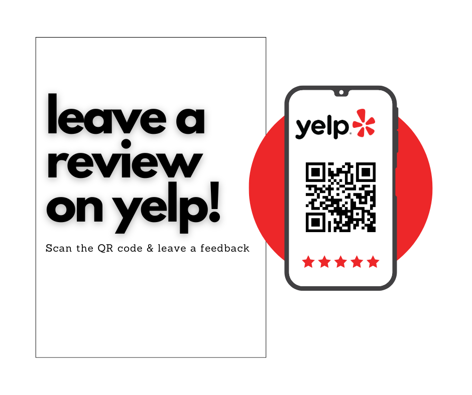 minimal Yelp review template with a phone mockup and a QR code