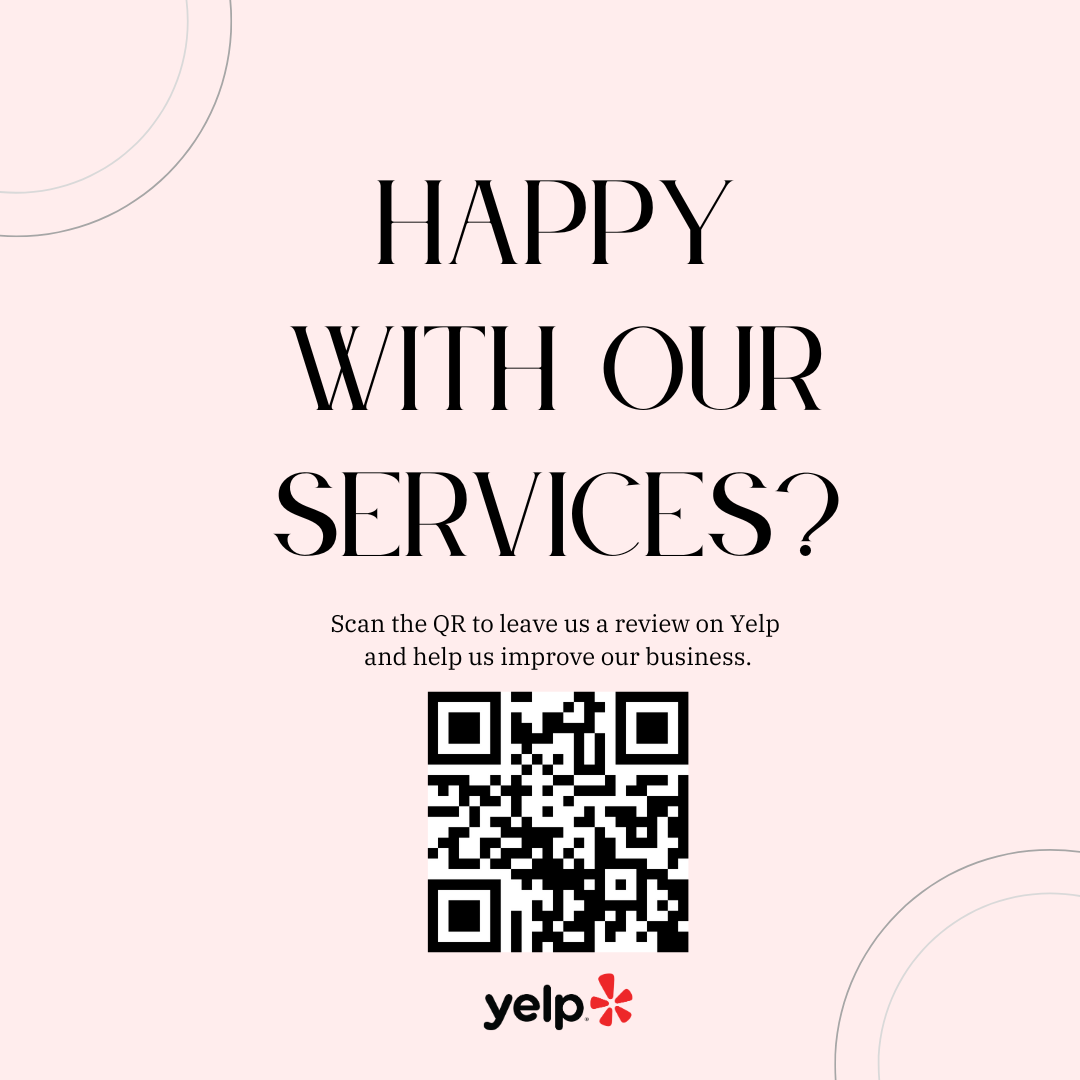 minimal Yelp review template with a QR code, Yelp logo and a pink background