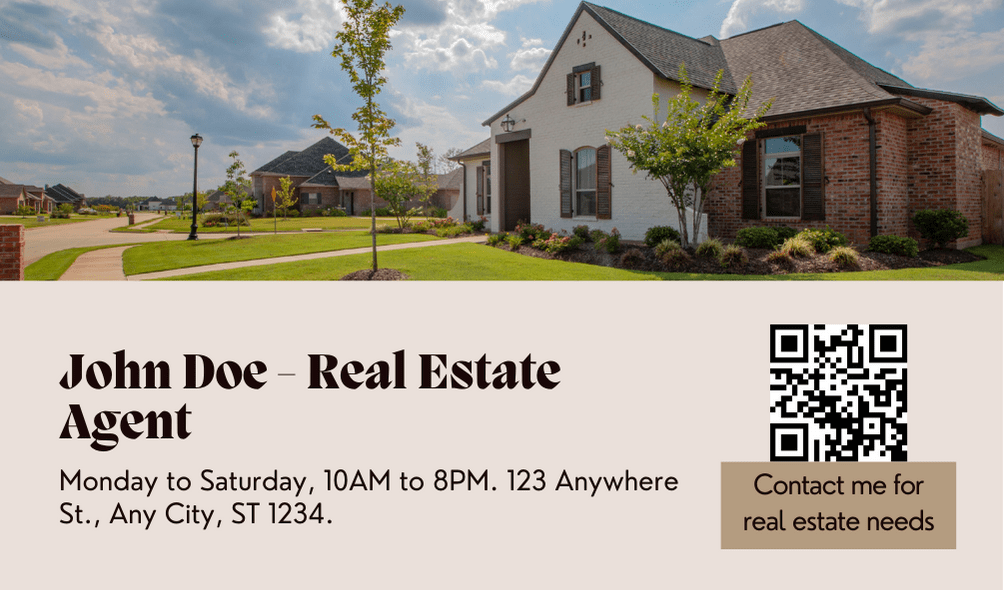 real estate agent business card template with a house and a QR code