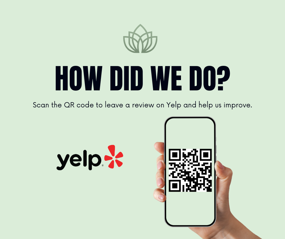 simple Yelp review template with a QR code on a smartphone and a green background